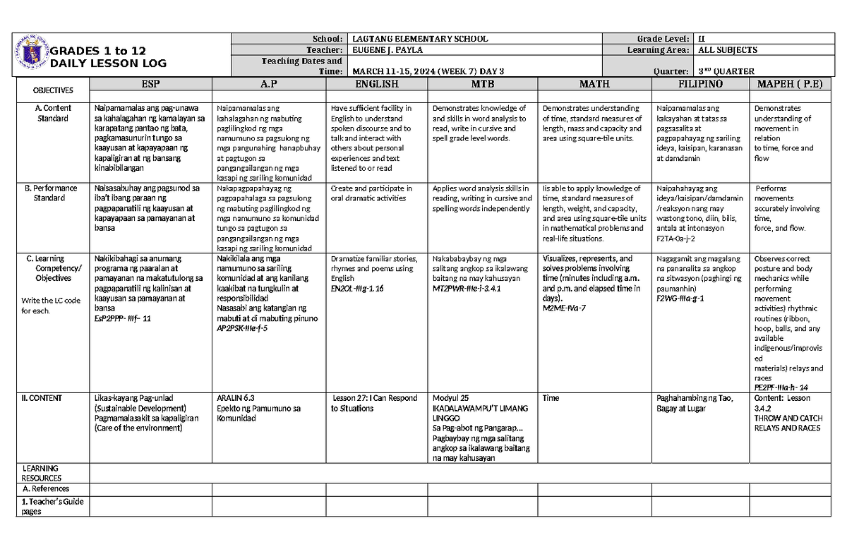 DLL ALL Subjects 2 Q3 W7 D3 - GRADES 1 to 12 DAILY LESSON LOG School ...