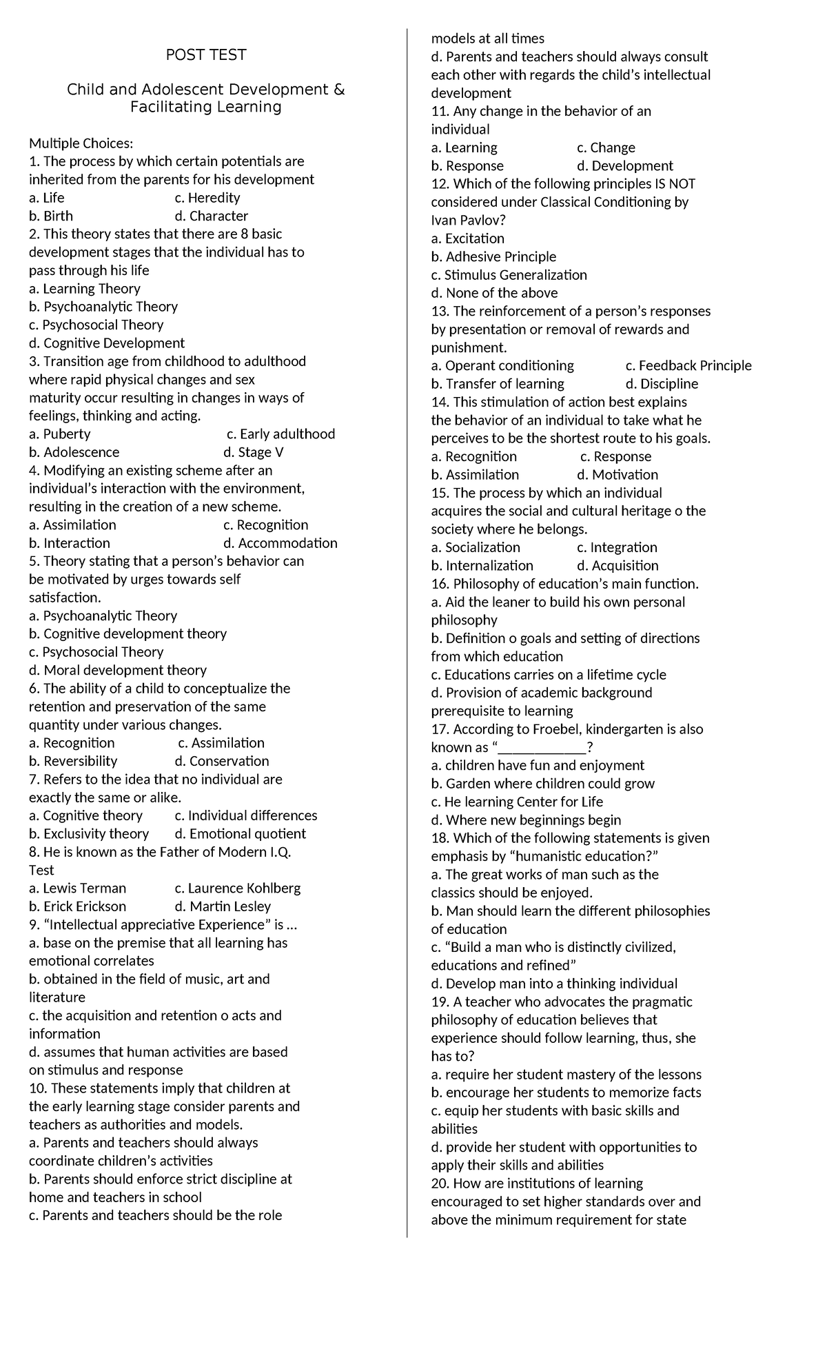 Document facil post - beed - POST TEST Child and Adolescent Development ...