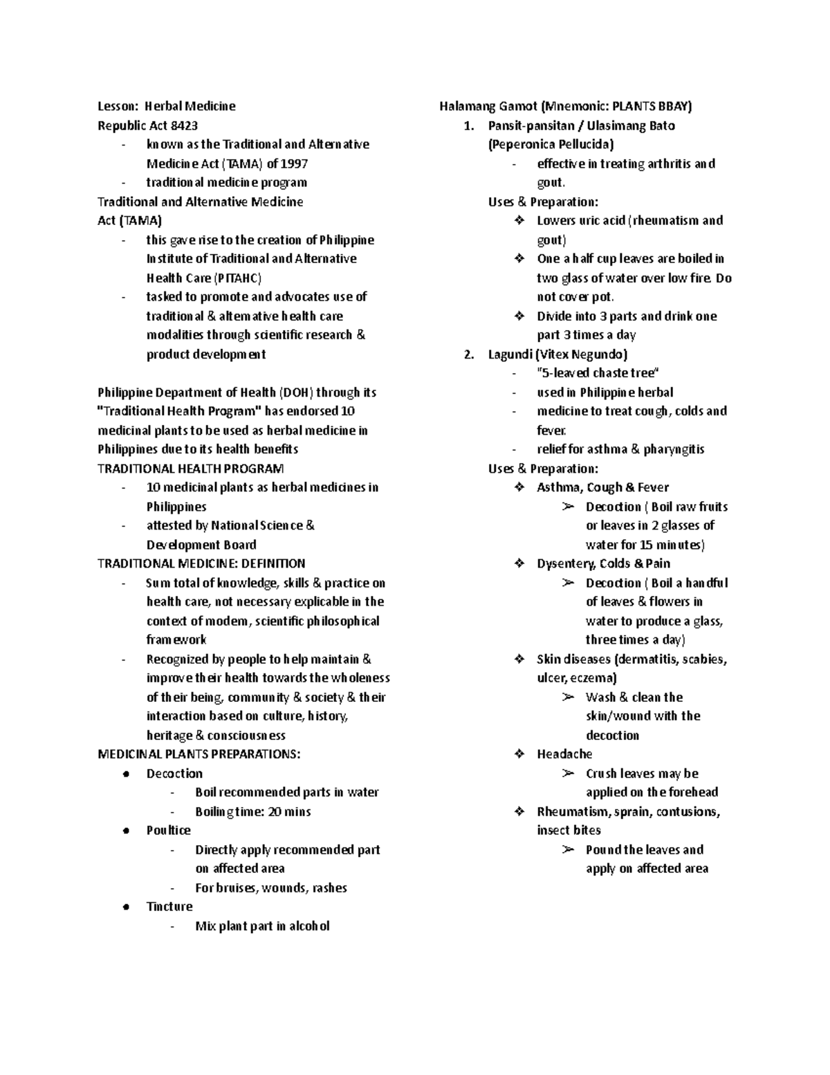 CHNN211 PRELIMS Reviewer - Lesson: Herbal Medicine Republic Act 8423 ...