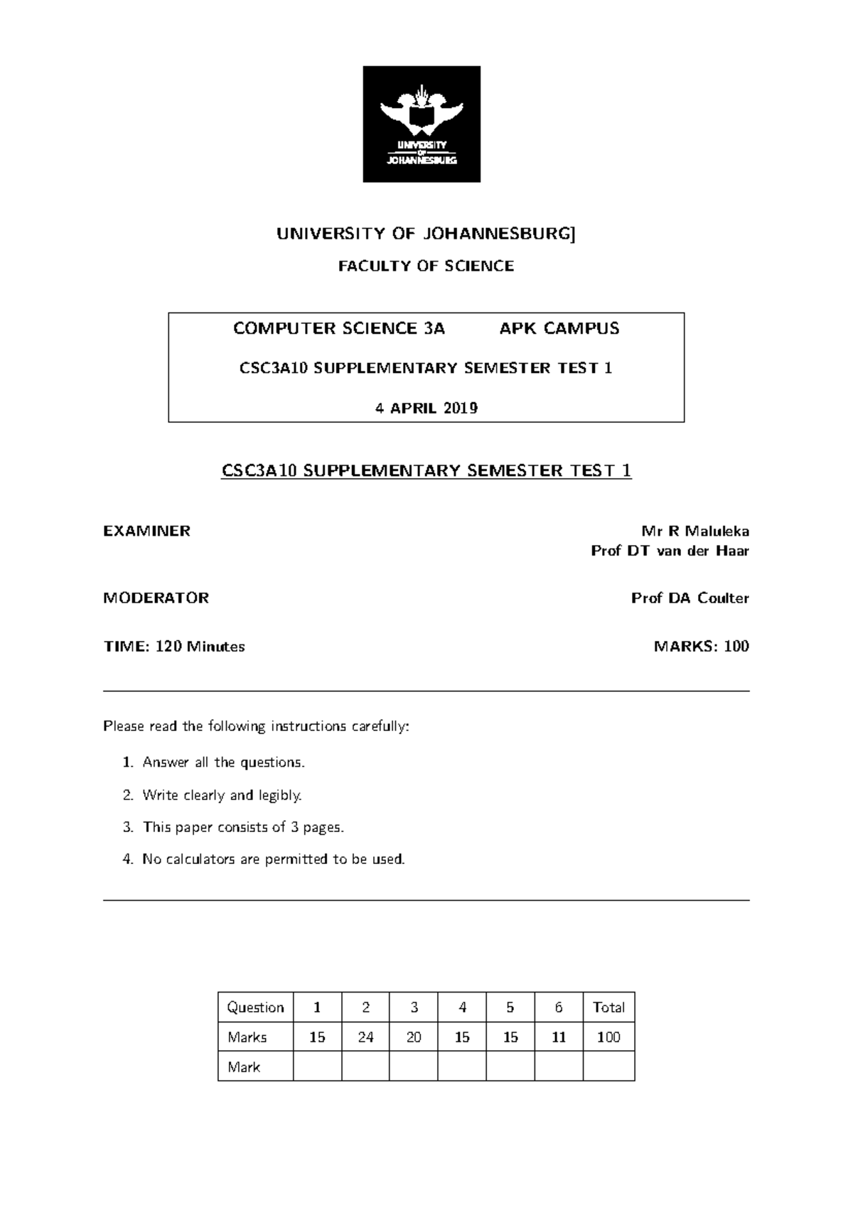 19-ST1(Sick) - UNIVERSITY OF JOHANNESBURG] FACULTY OF SCIENCE COMPUTER ...