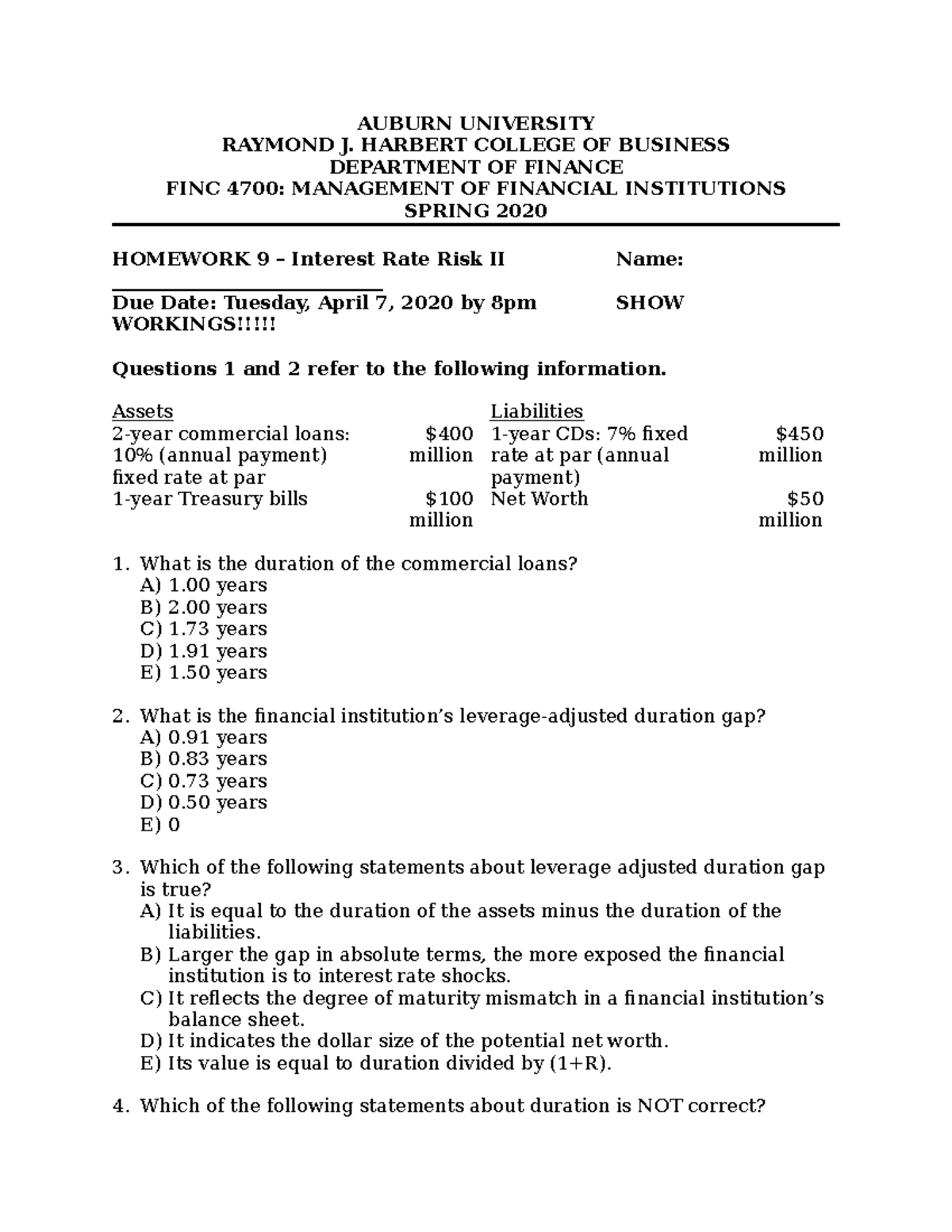 Homework 9 Interest Rate Risk Ii Finc 4700 Management Of Studocu