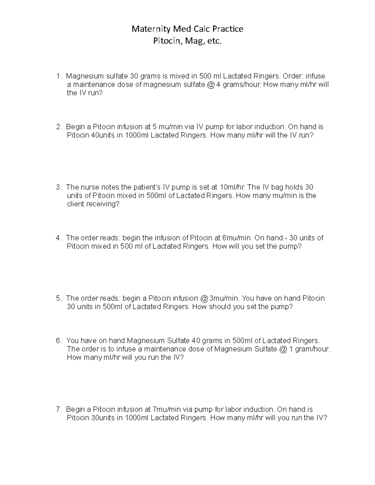 Maternity Med Calc Practice - Maternity Med Calc Practice Pitocin, Mag ...