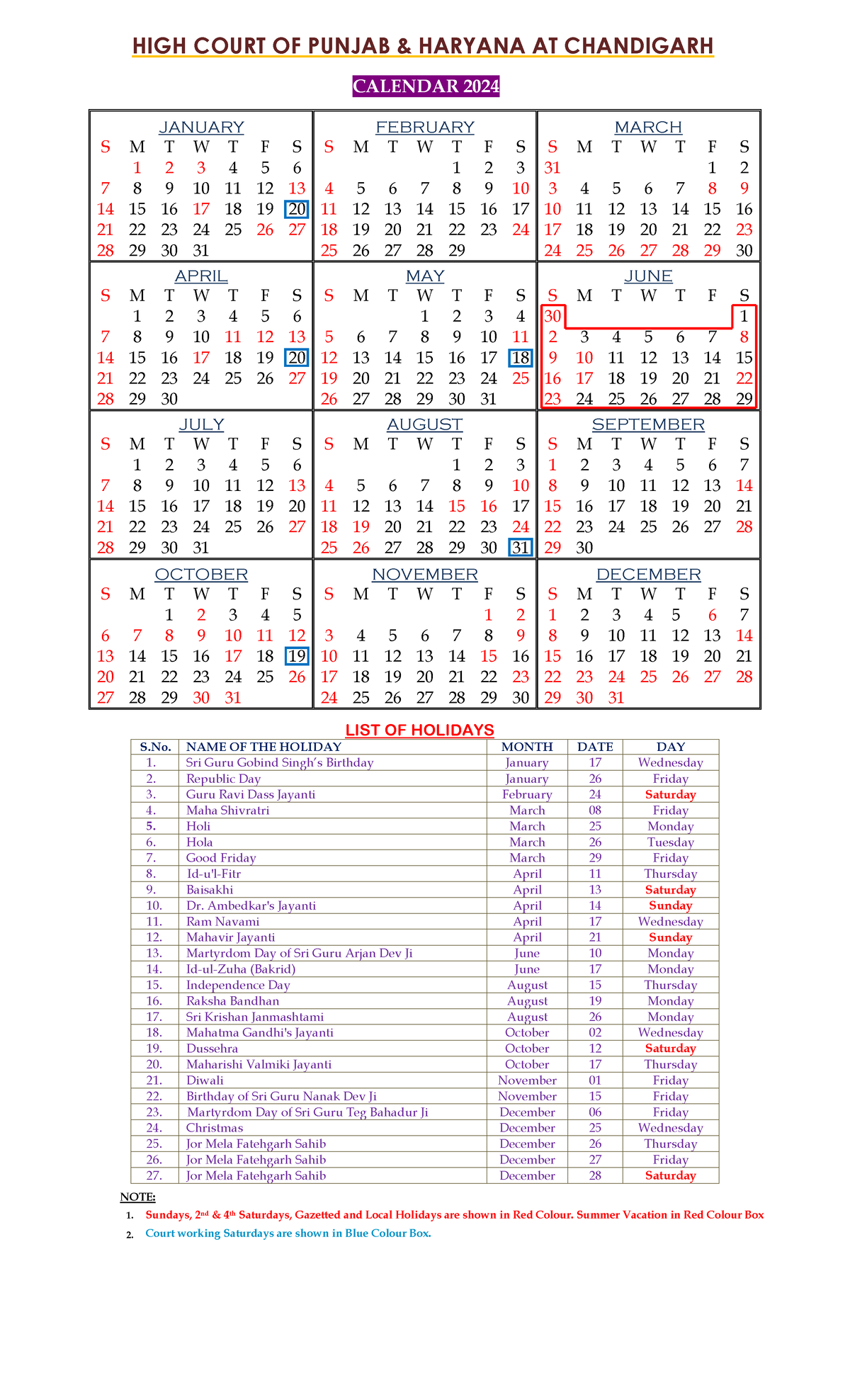 2024 Final HC Calender Very useful HIGH COURT OF PUNJAB & HARYANA