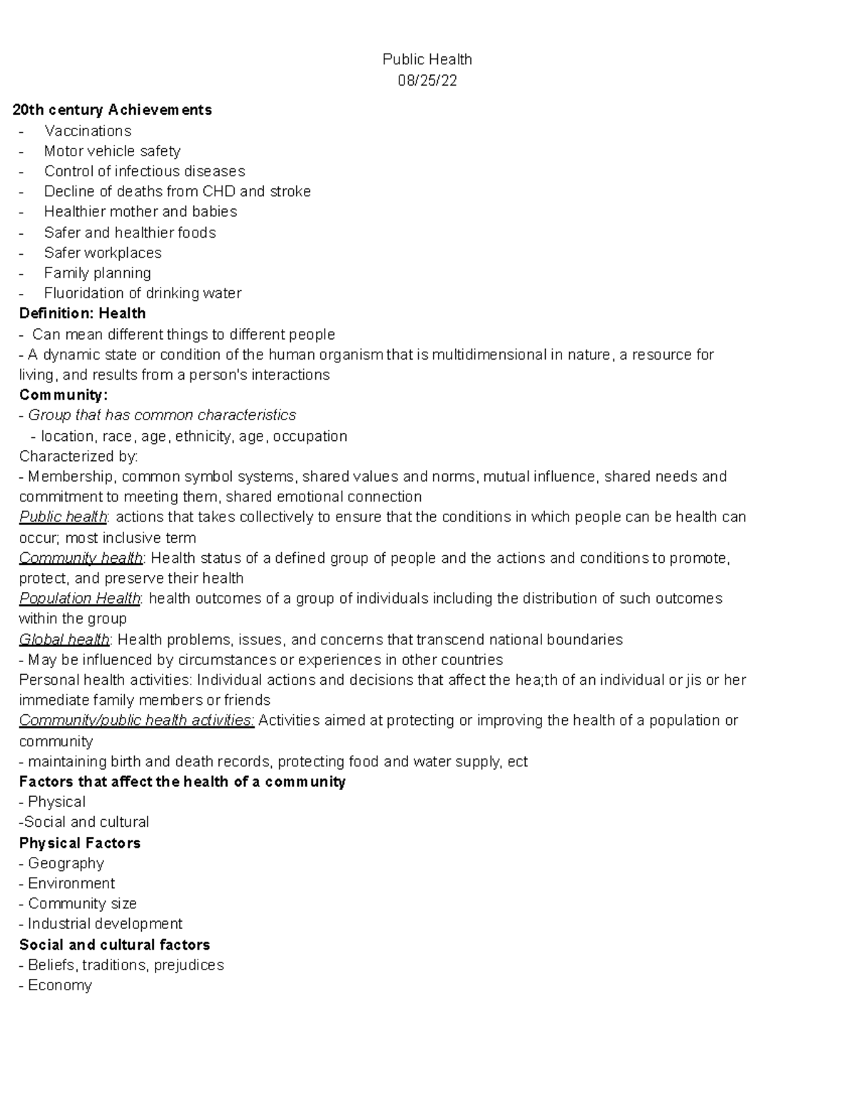 Public Health - lecture notes - 08/25/ 20th century Achievements ...