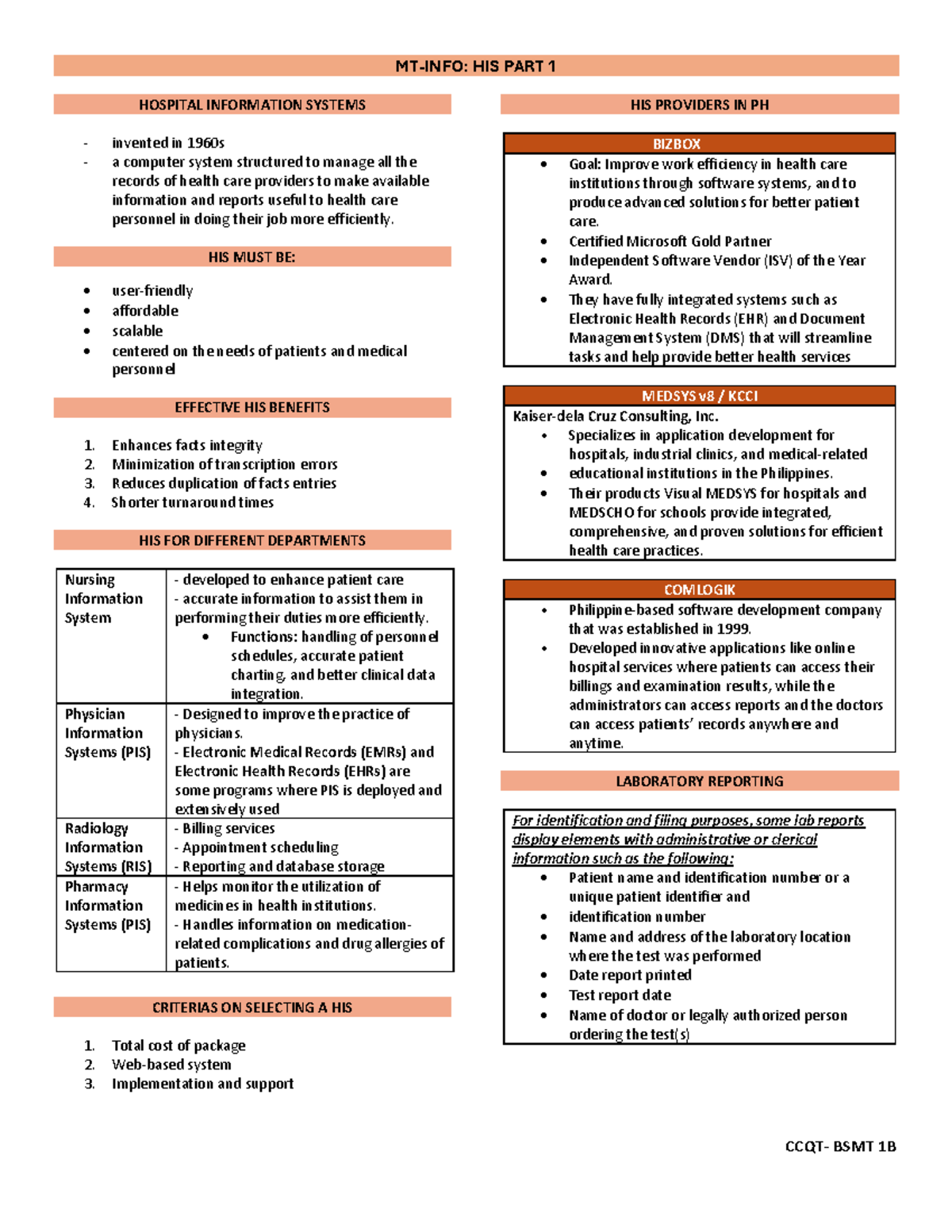 HIS PT1 - MT-INFO: HIS PART 1 CCQT- BSMT 1B HOSPITAL INFORMATION ...