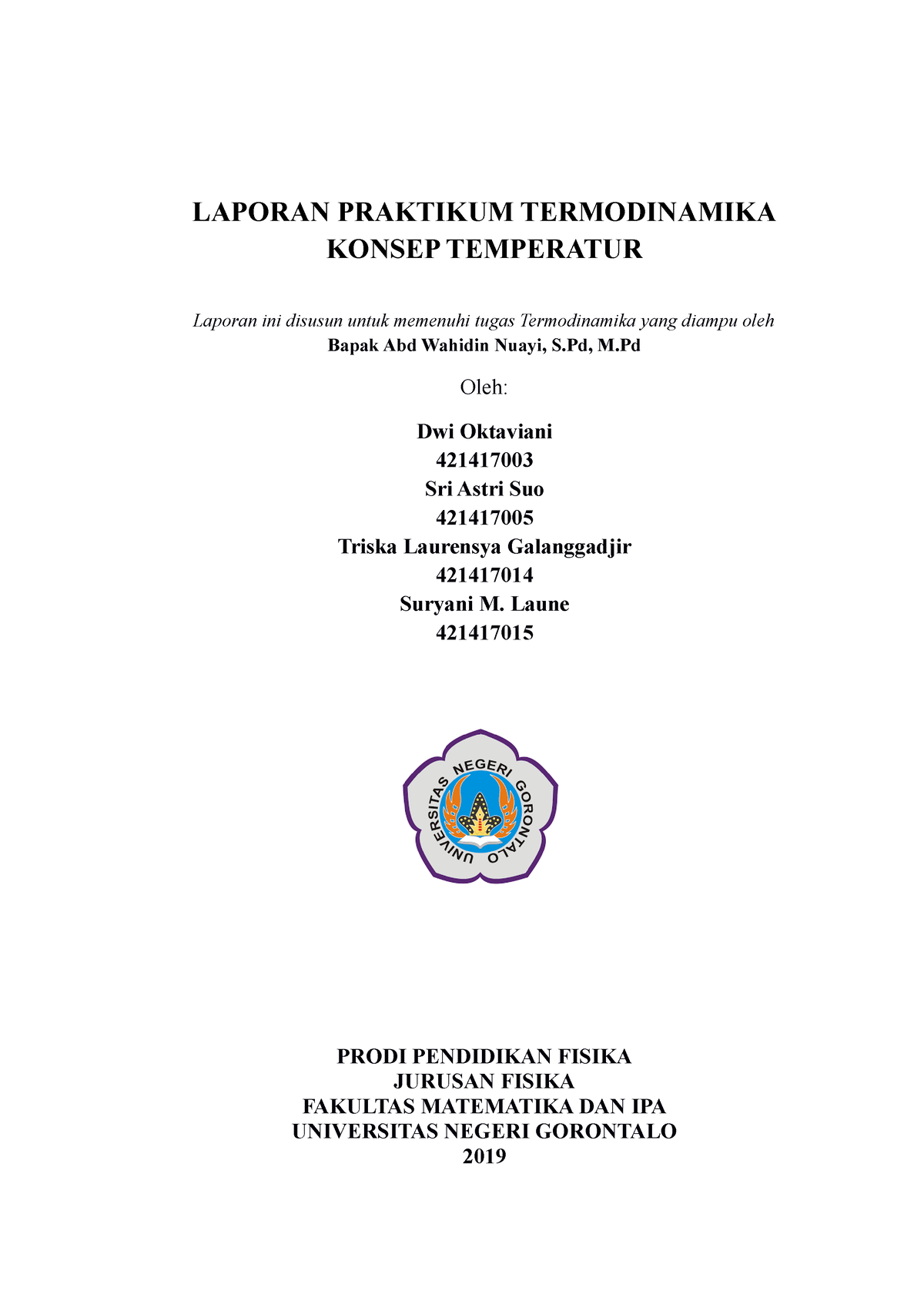 Laporan Praktikum Termodinamika Konsep Temperatur - LAPORAN PRAKTIKUM