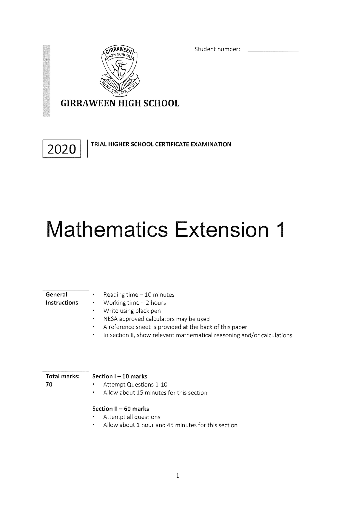 2020 Girraween High School - X1- Trial - Student number: GIRRAWEEN HIGH ...