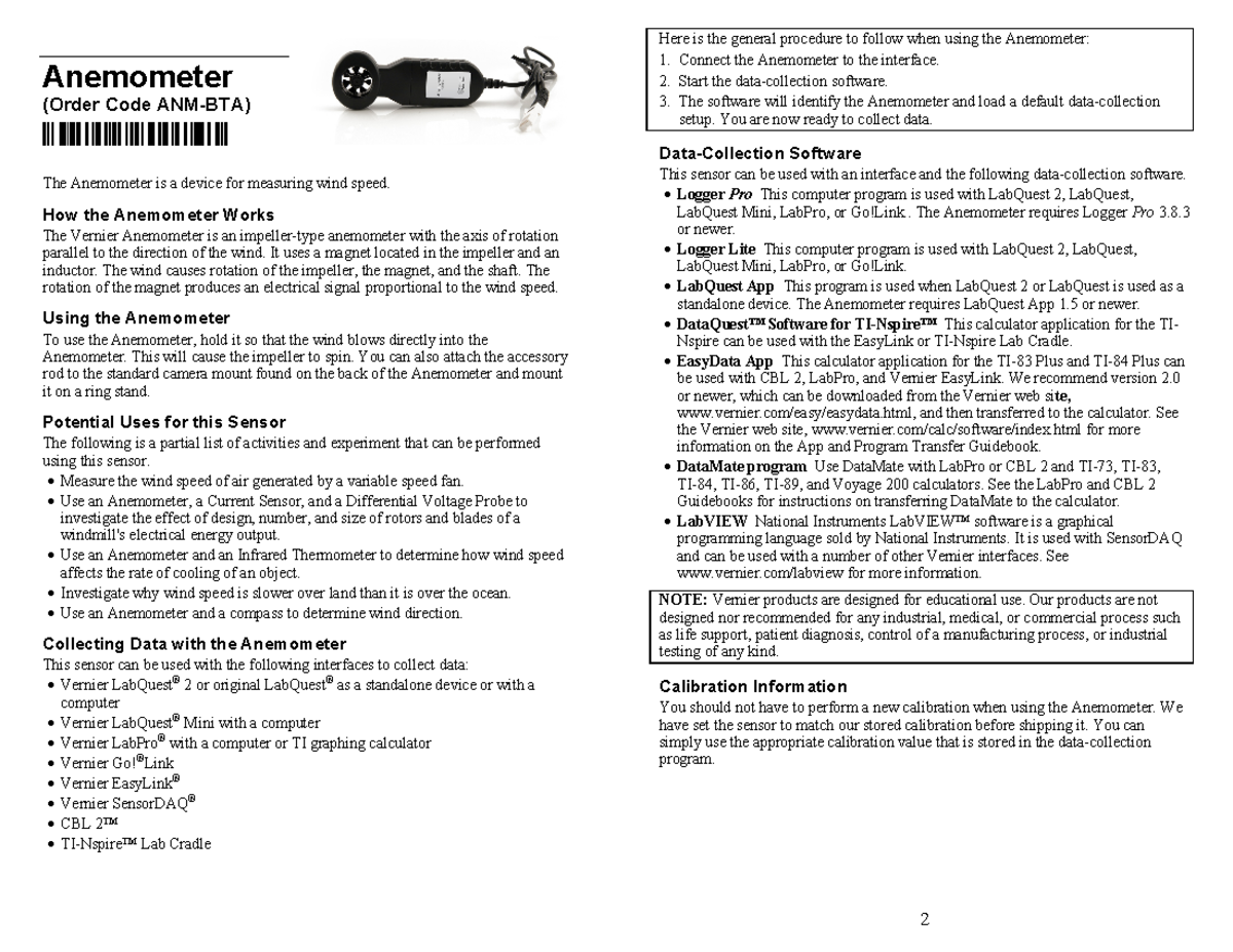 Practical Anemometer Anemometer (Order Code Here is the general