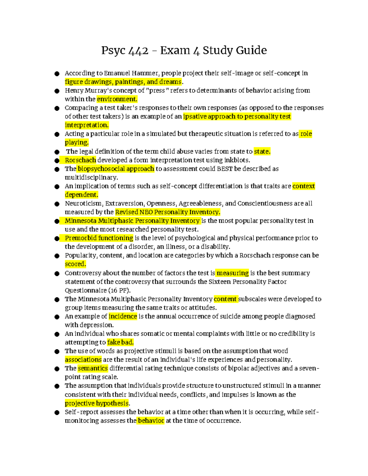 Psyc 442 - Exam 4 Study Guide - Psyc 442 - Exam 4 Study Guide According ...