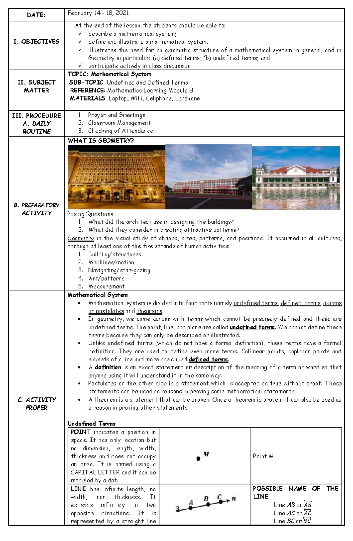 Detailed Lesson Plan DATE February 14 18, 2021 I. OBJECTIVES At