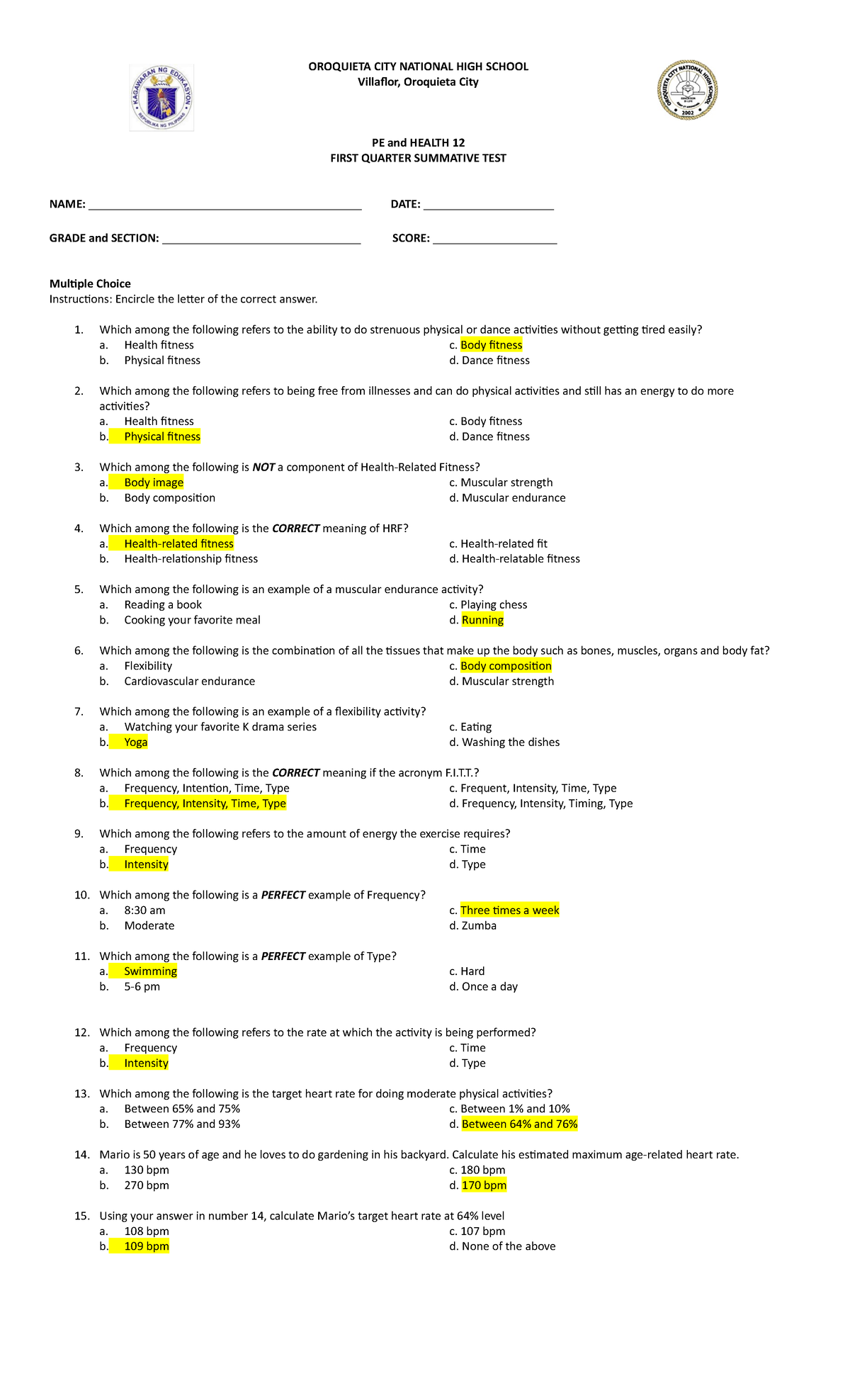 PE and Health Grade 12 Q1 SY 2022-2023 answer key - OROQUIETA CITY ...