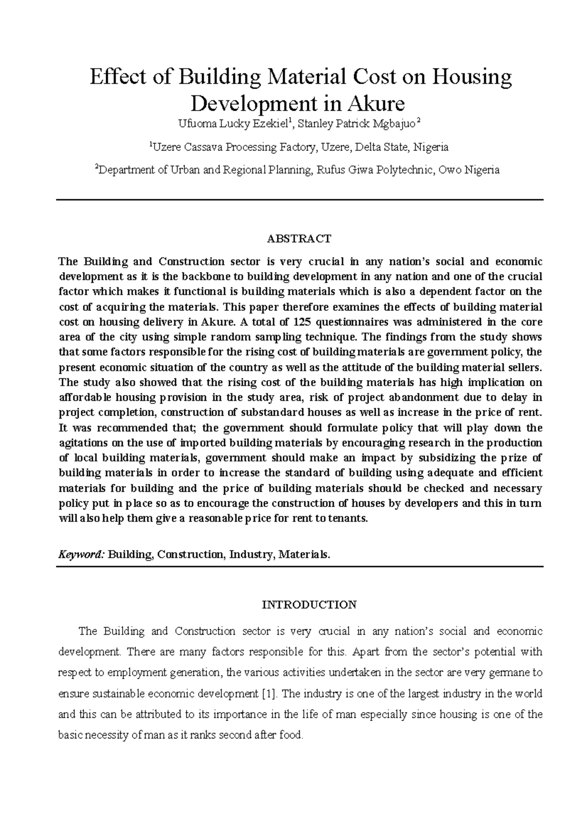 Effect of Building Material Cost on Hous Effect of Building Material