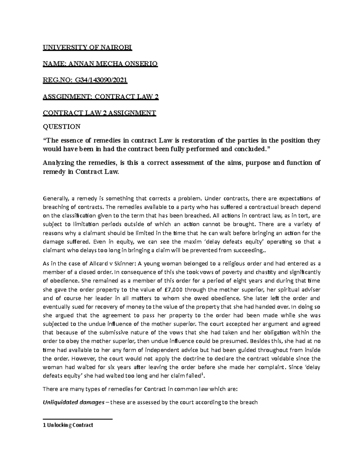 Remedies of a contract - revision - UNIVERSITY OF NAIROBI NAME: ANNAN ...