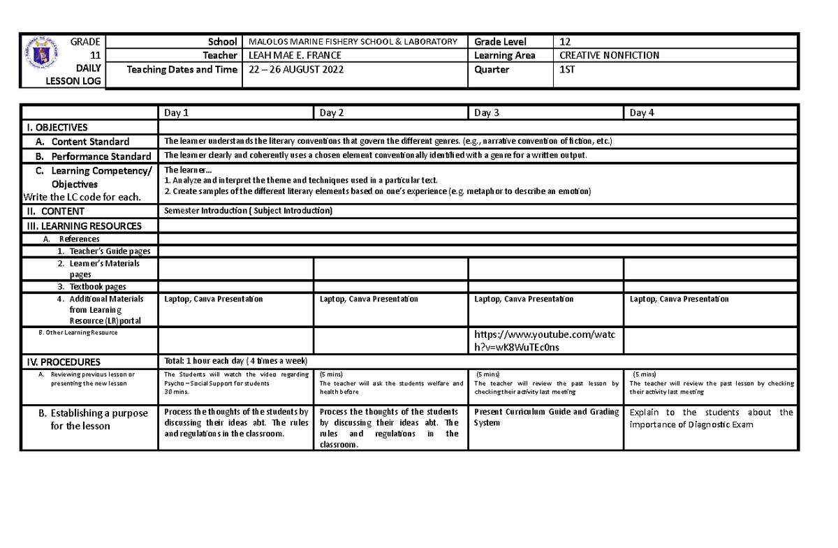 DLL August 30 - 02 - LEAH - GRADE 11 DAILY LESSON LOG School MALOLOS ...