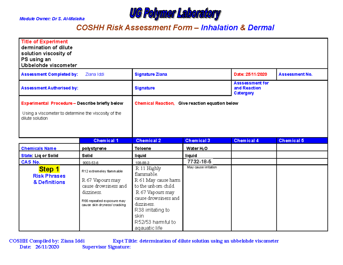 Coshh P1 - Exam - COSHH Risk Assessment Form – Inhalation & Dermal ...