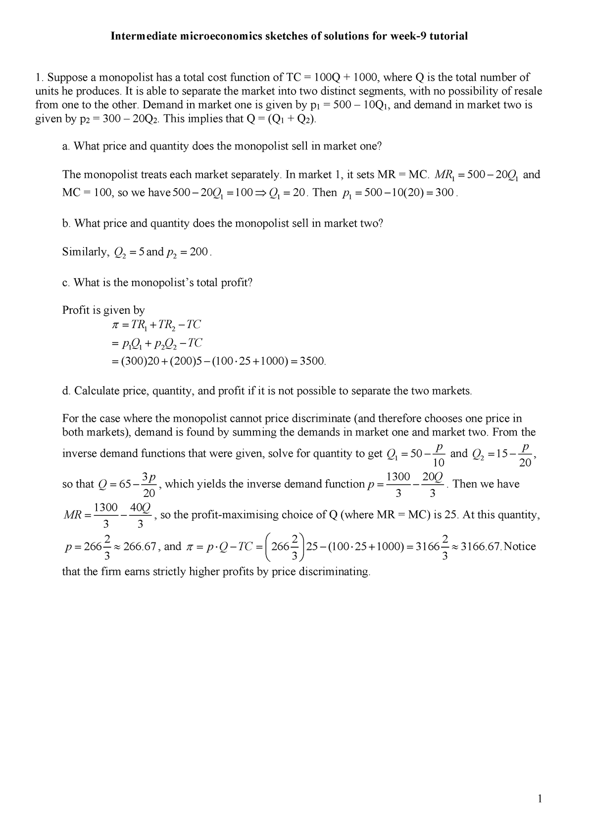 Solutions tutorial week09 - 1 Intermediate microeconomics sketches of ...