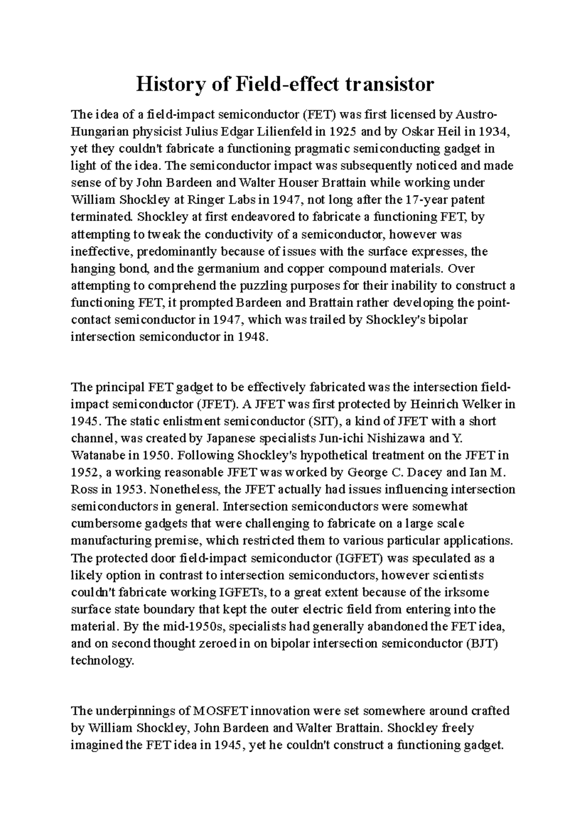 History of Field effect transistor History of Fieldeffect transistor