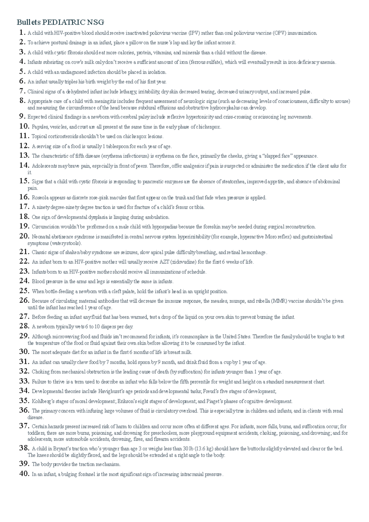 Bullets Pediatric NSG - Bullets PEDIATRIC NSG 1. A child with HIV ...