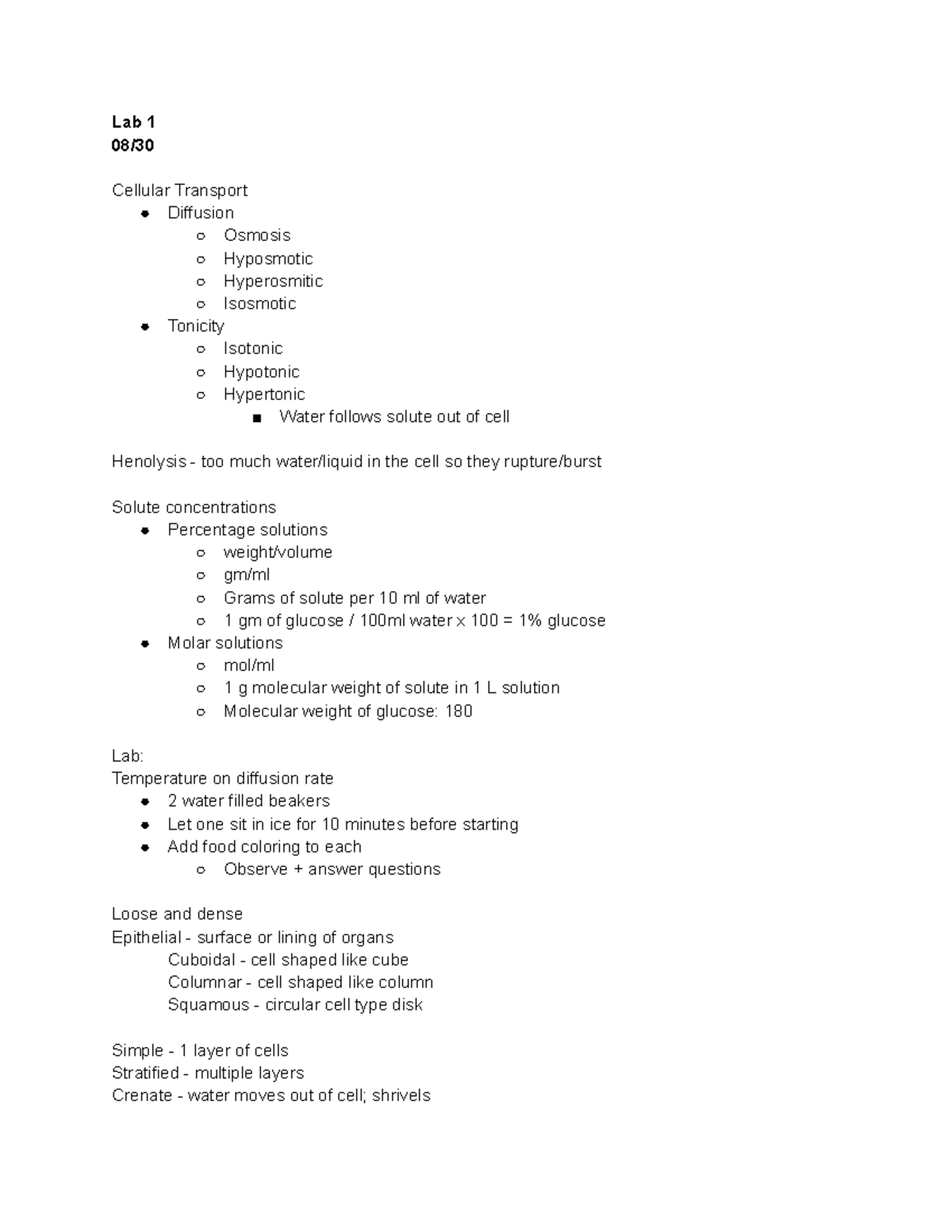 Lab 1 Study Materials - Lab 1 08/ Cellular Transport Diffusion Osmosis ...