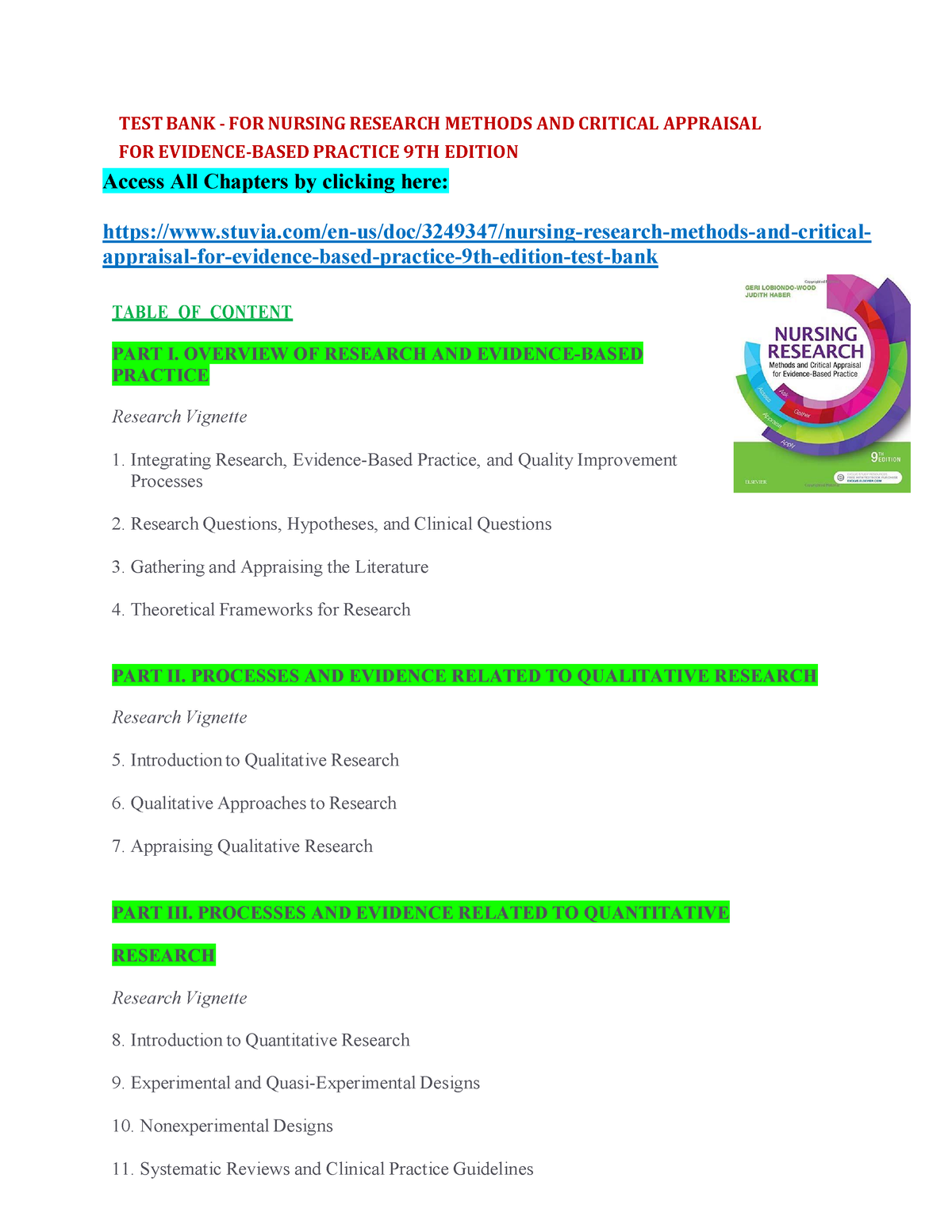 Nursing Research Methods And Critical Appraisal 9th Edition Test Bank ...