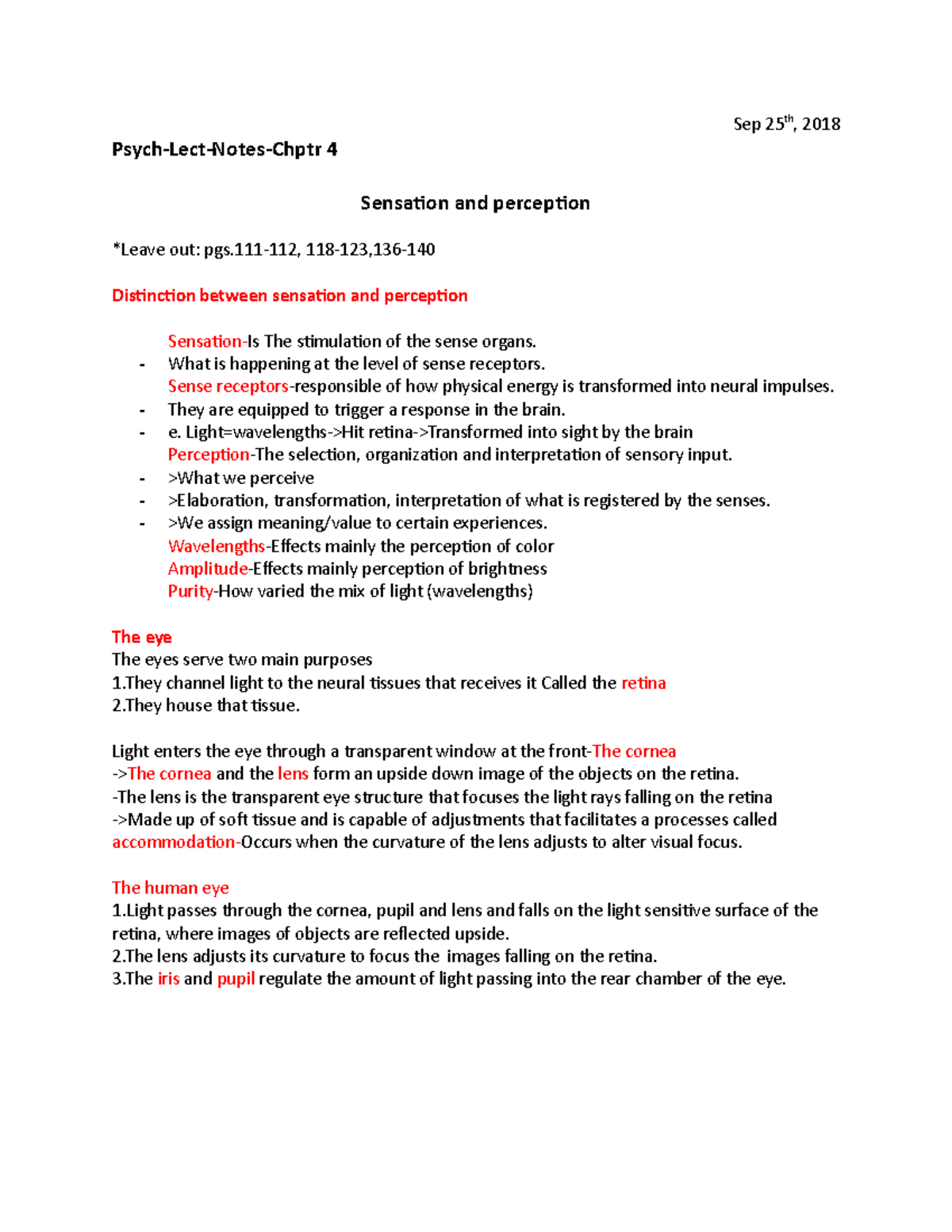 Chptr 4- Study - Summary Psych - Sep 25th, 2018 4 Sensation and ...