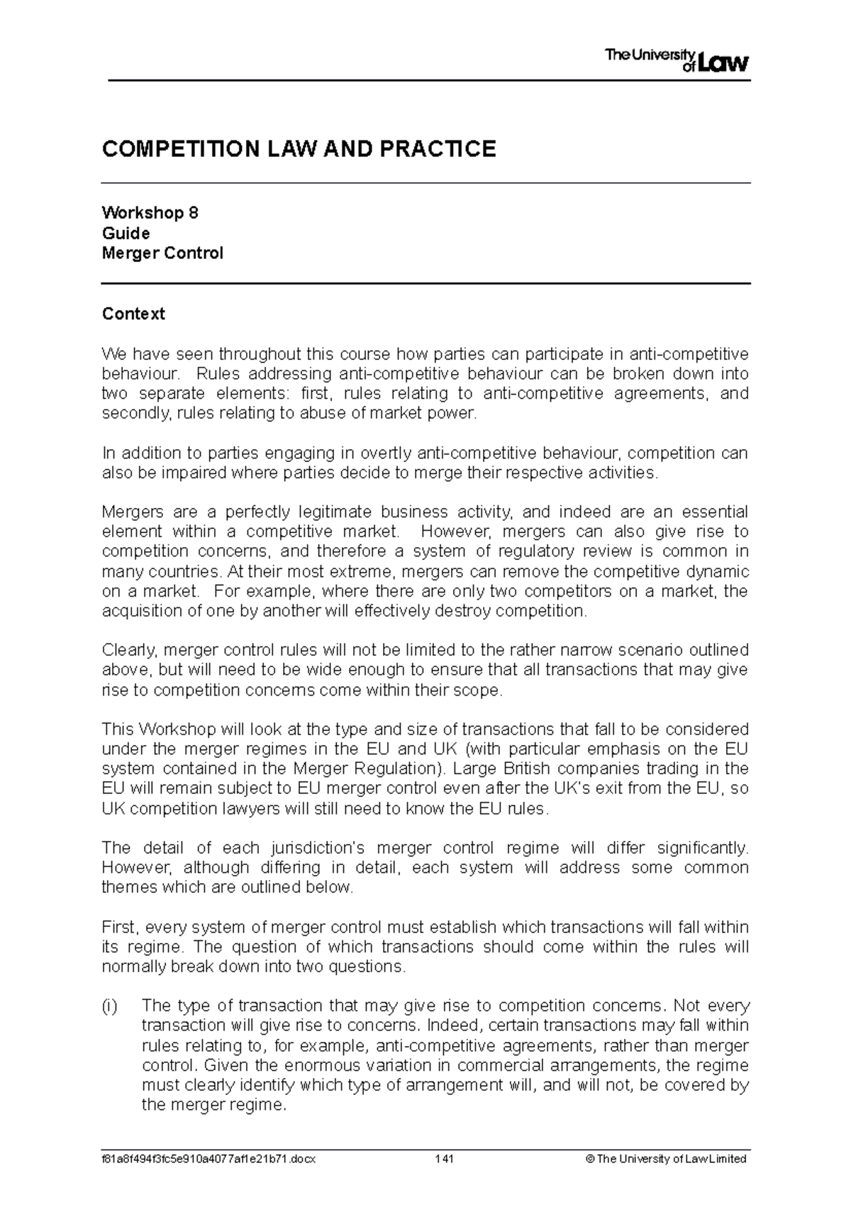 1920 comp ws08 ce01 guide - COMPETITION LAW AND PRACTICE Workshop 8 ...