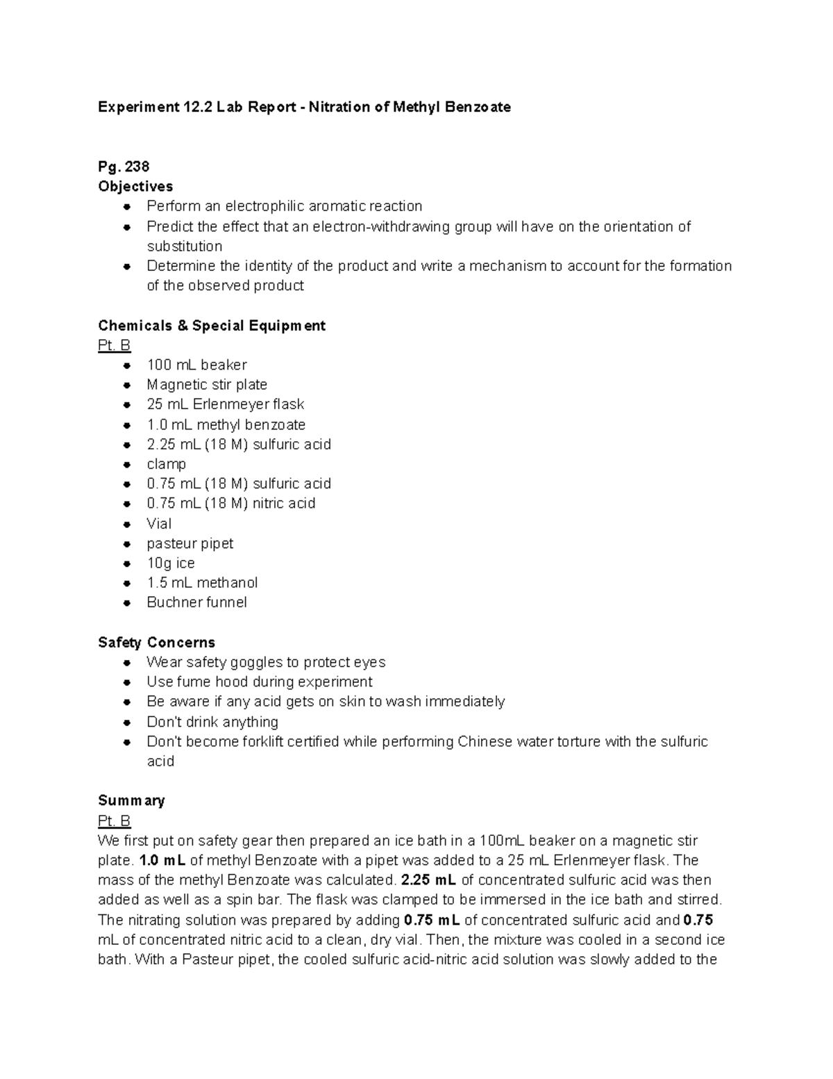 Experiment 12.2 Nitration of Methyl Benzoate Experiment 12 Lab Report