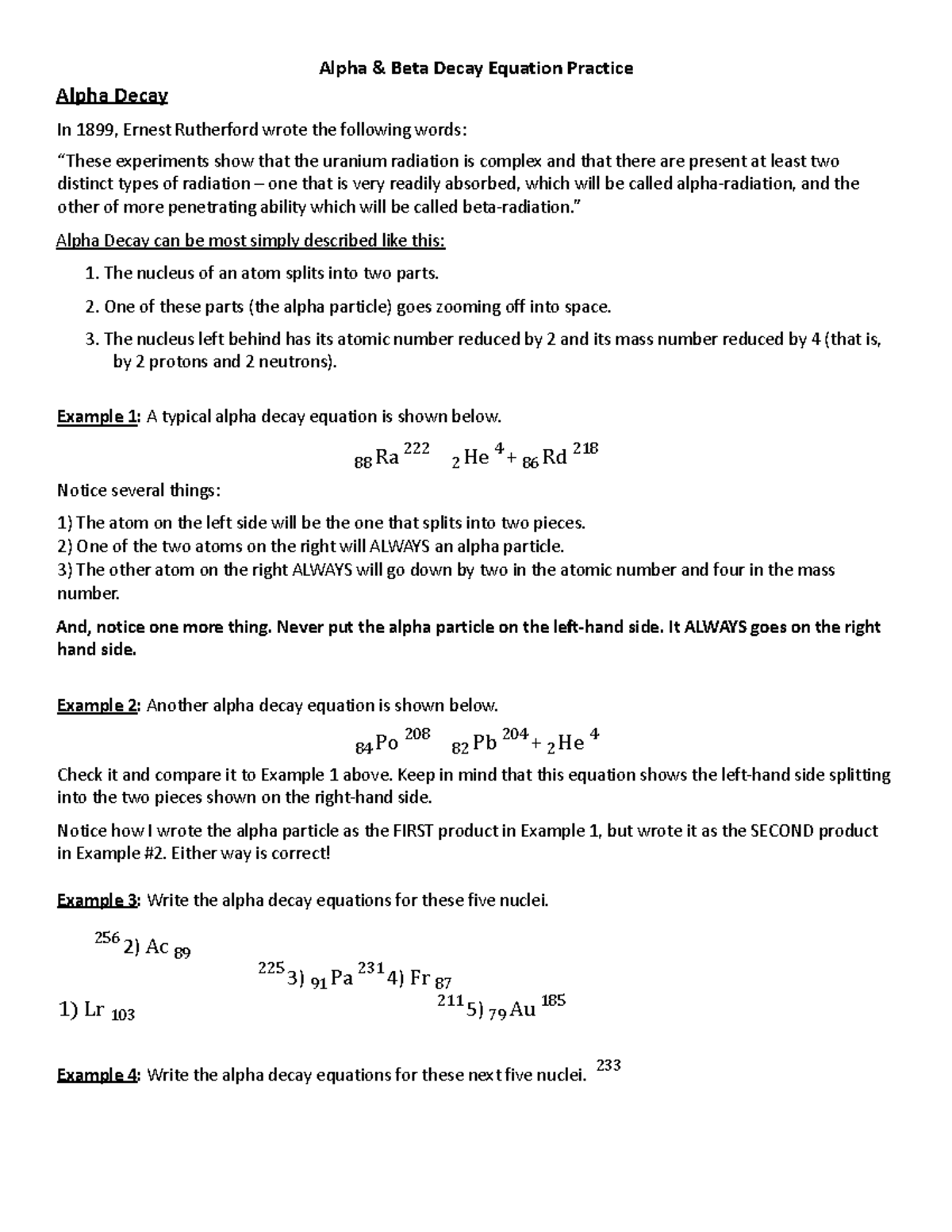 KEY Radioactive Decay Equations Alpha & Beta Decay Equation Practice