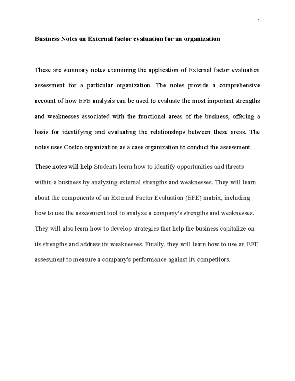 External Factor Evaluation for Costco Business Notes on External factor evaluation for an