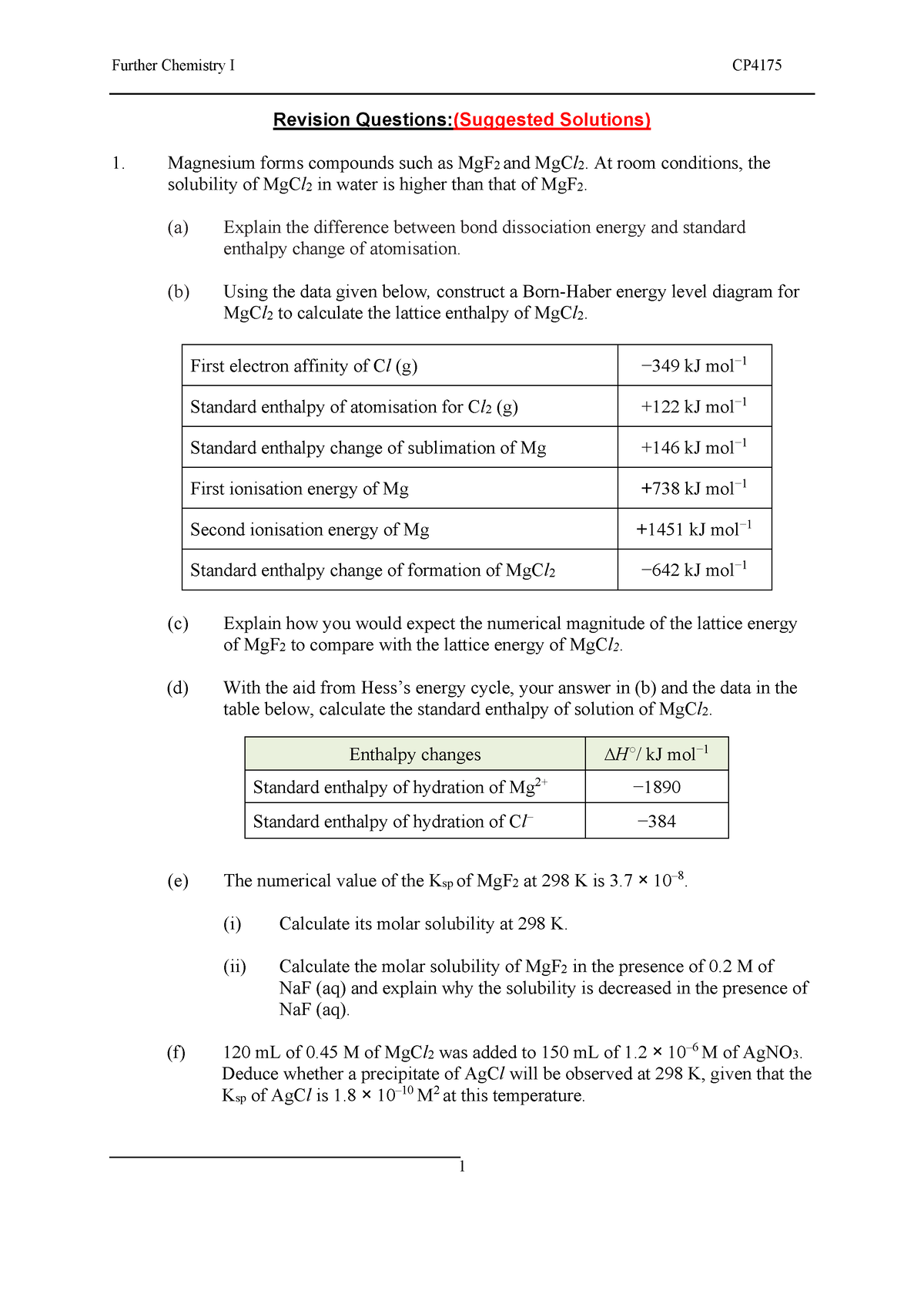 AY21S2 Further Chemistry I (Revision Questions) Suggested Solutions ...