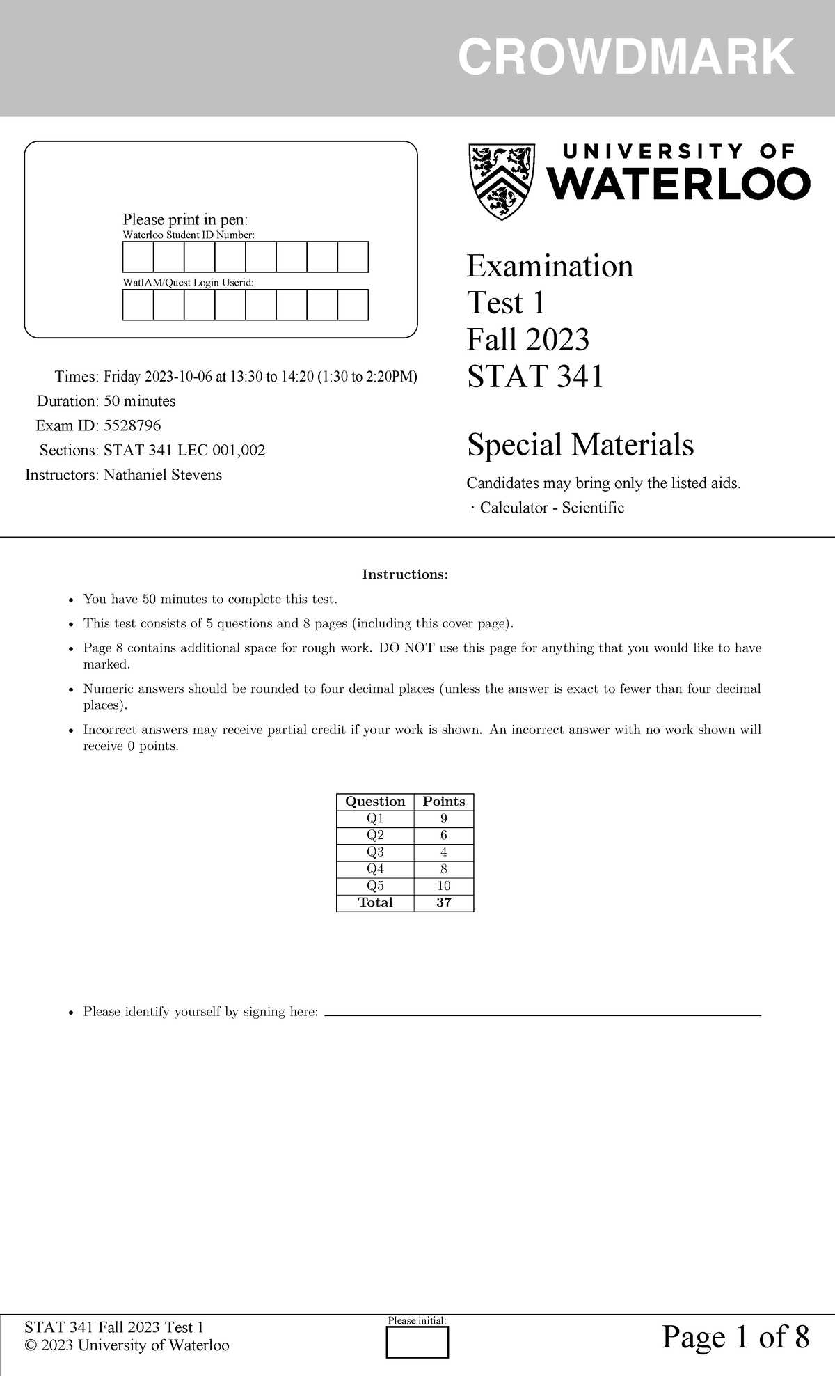 STAT 341 Fall 2023 Test 1 - test Instructions: You have 50 minutes to ...