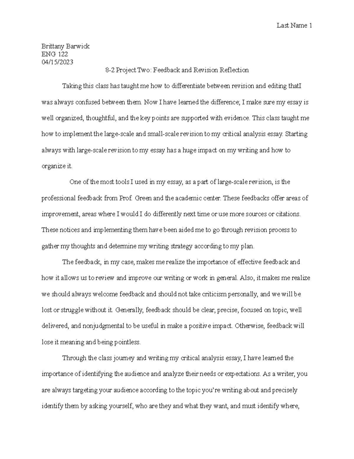 8 2 Project Two Feedback and Revision Reflection - Last Name 1 Brittany ...