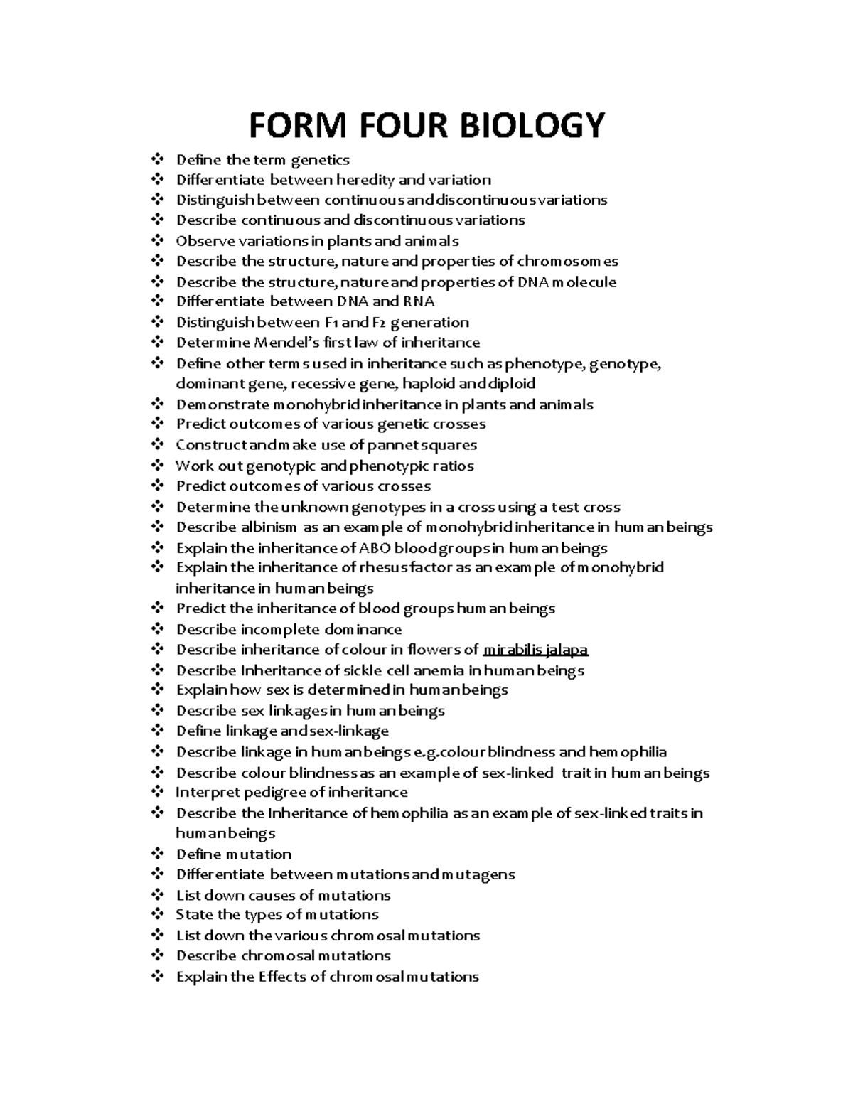 FORM-4- Biology - Just high school notes - FORM FOUR BIOLOGY Define the ...