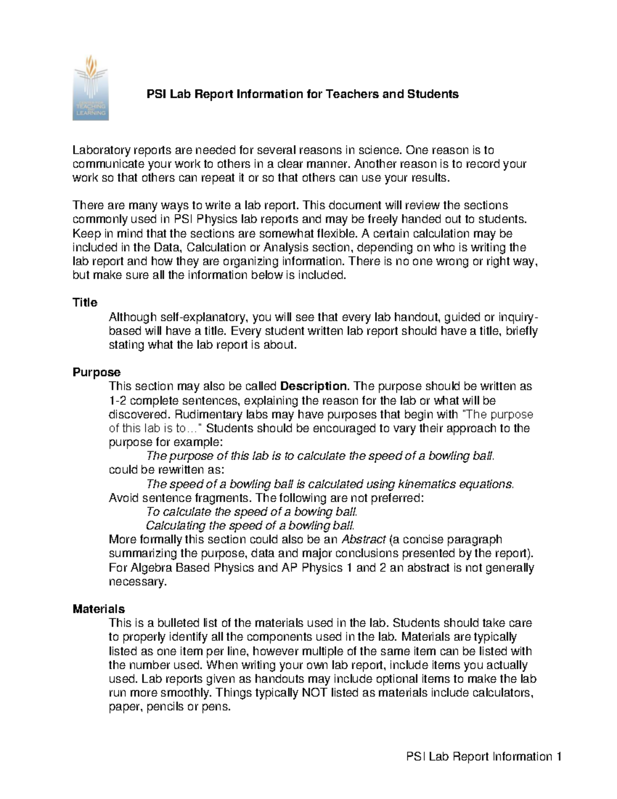 Psi lab format - PSI Lab Report Information for Teachers and Students ...