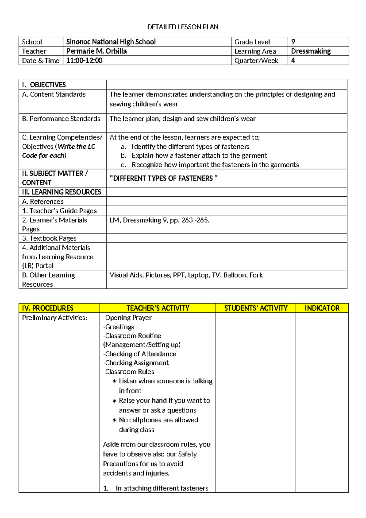 Permarie Final Lesson Plan - DETAILED LESSON PLAN School Sinonoc ...