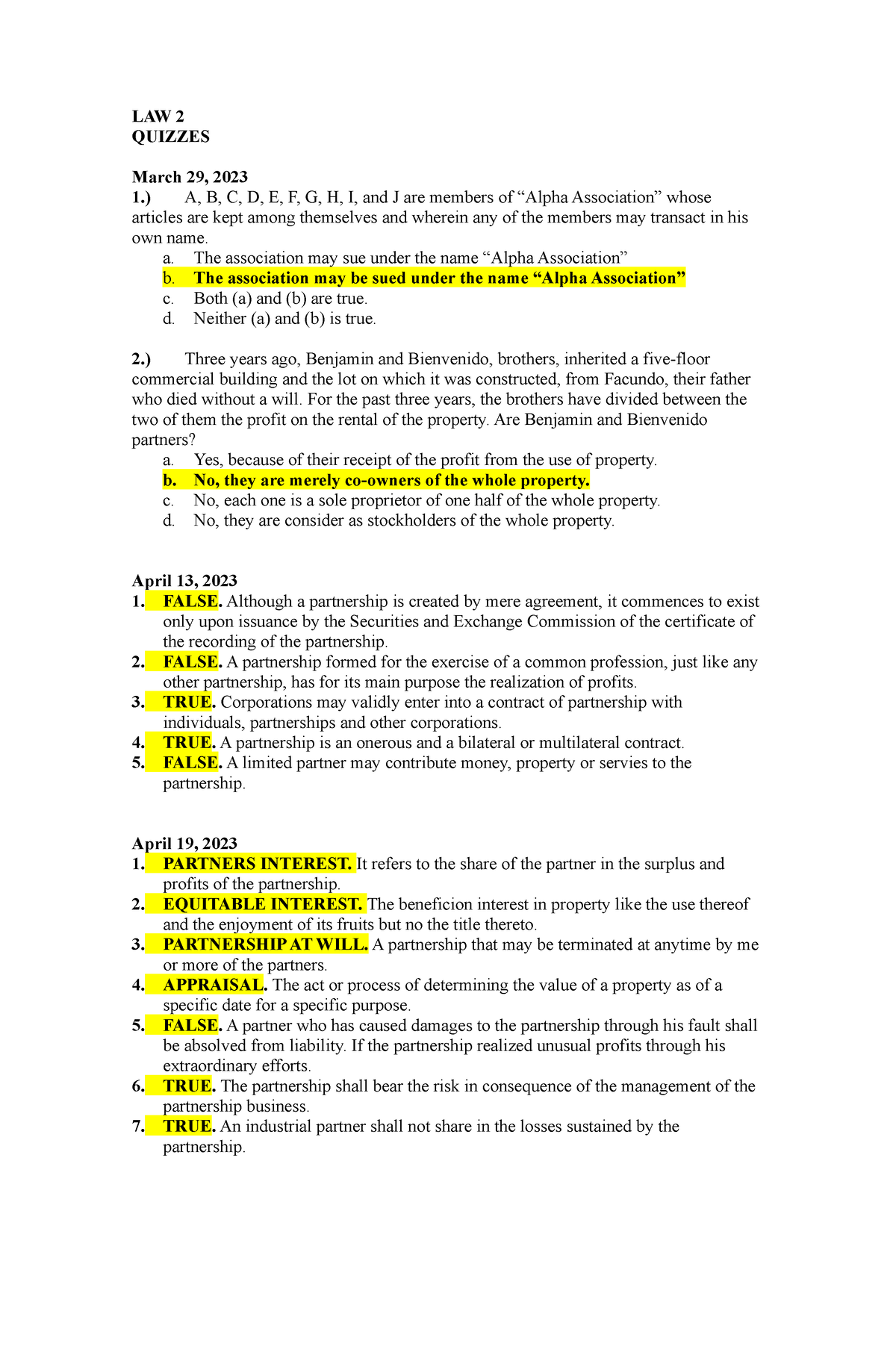 LAW 2 Quizzes - Sample Questions For Partnership Law - LAW 2 QUIZZES ...