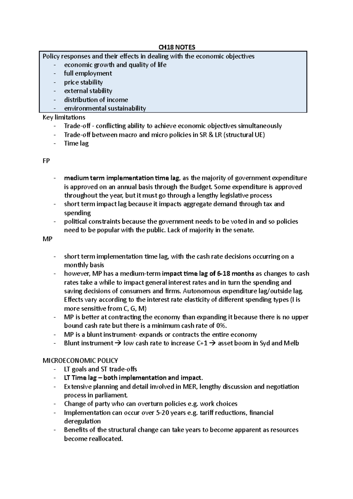 ECON1102 Notes - CH18 Policy Limitations - CH18 NOTES Policy responses ...