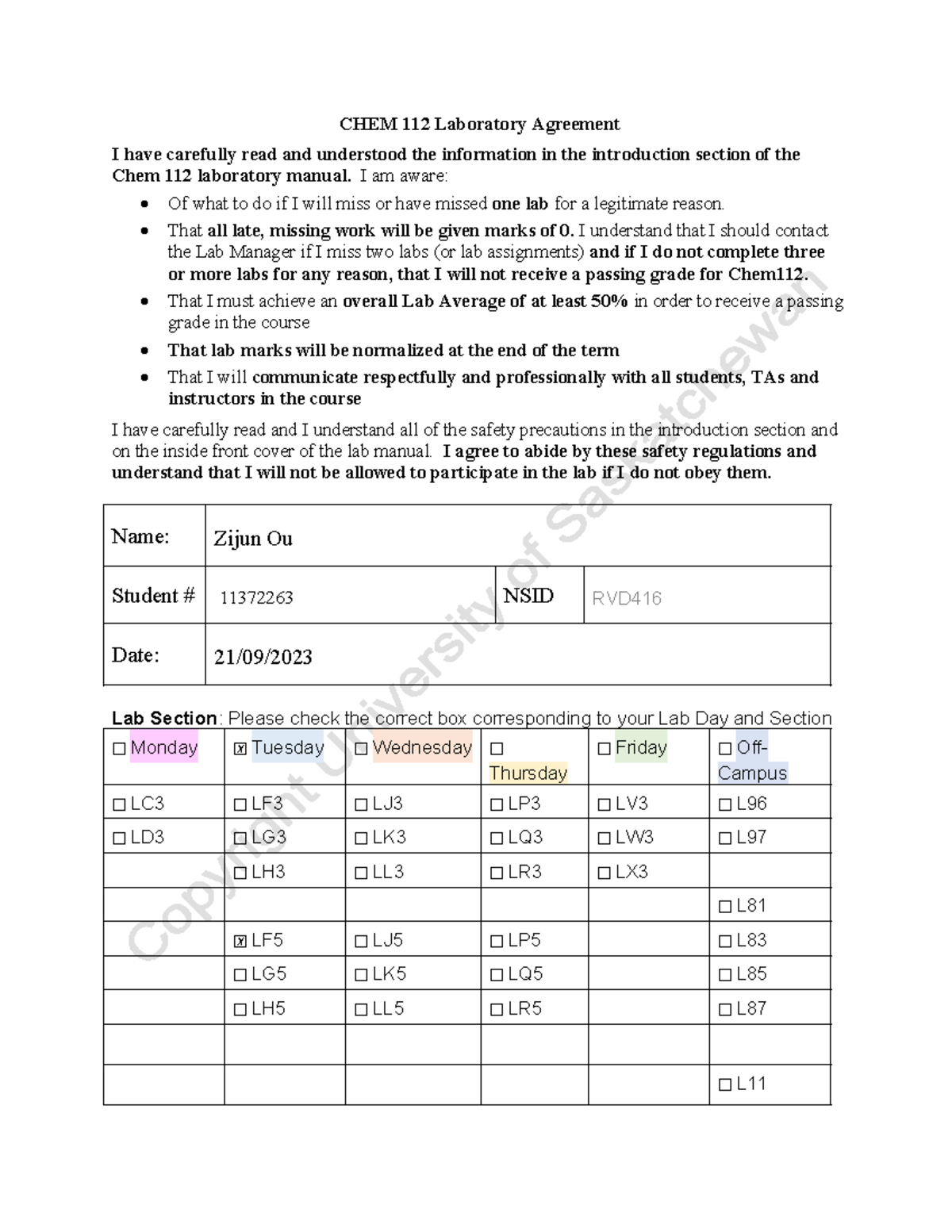 Chem112 Lab AgreementFall2023 CHEM 112 Laboratory Agreement I have