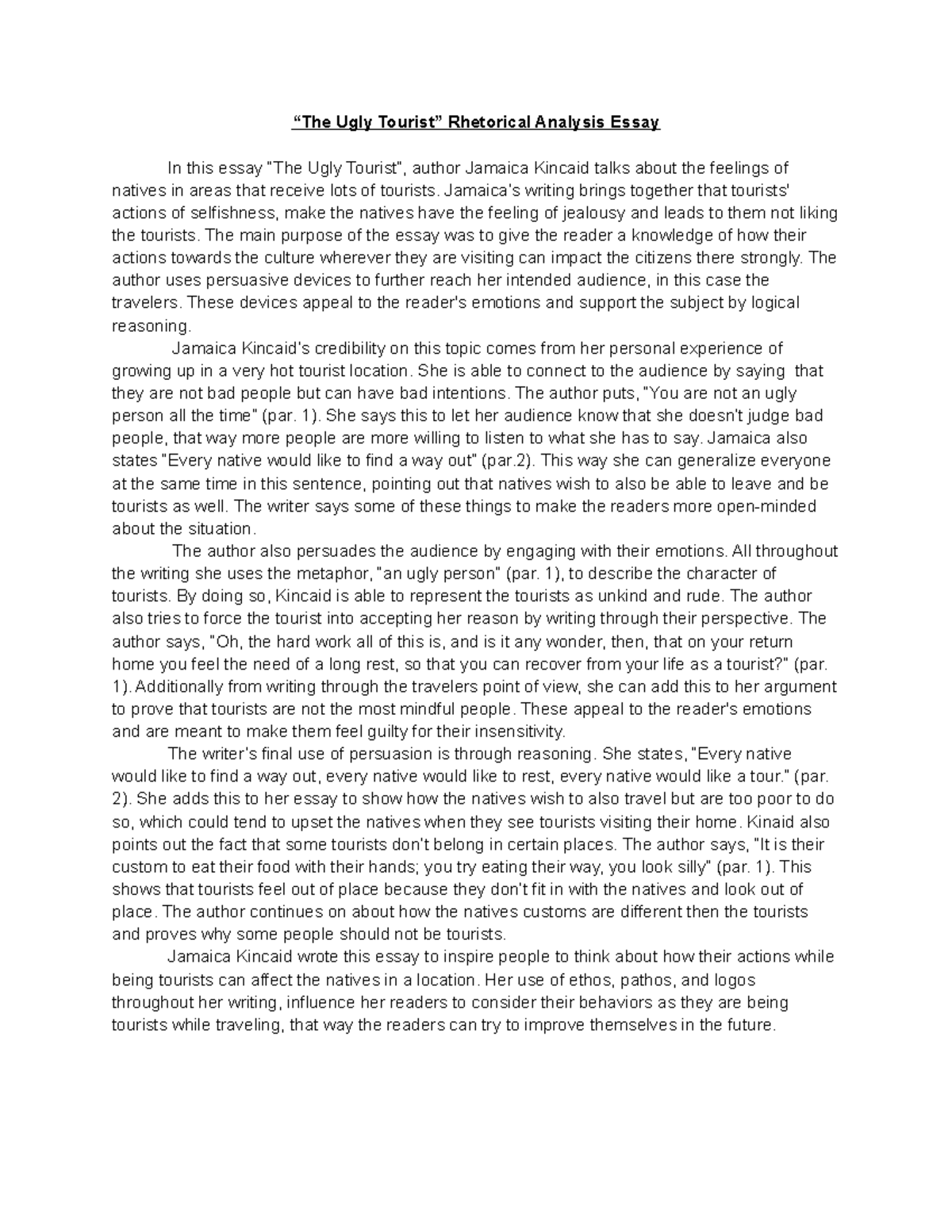 Assignment #3 Rhetorical Analysis Essay - “The Ugly Tourist” Rhetorical ...