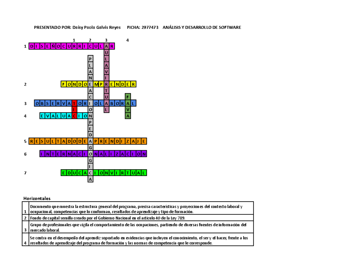 Evidencia Crucigrama - PRESENTADO POR: Daisy Paola Galvis Reyes FICHA ...