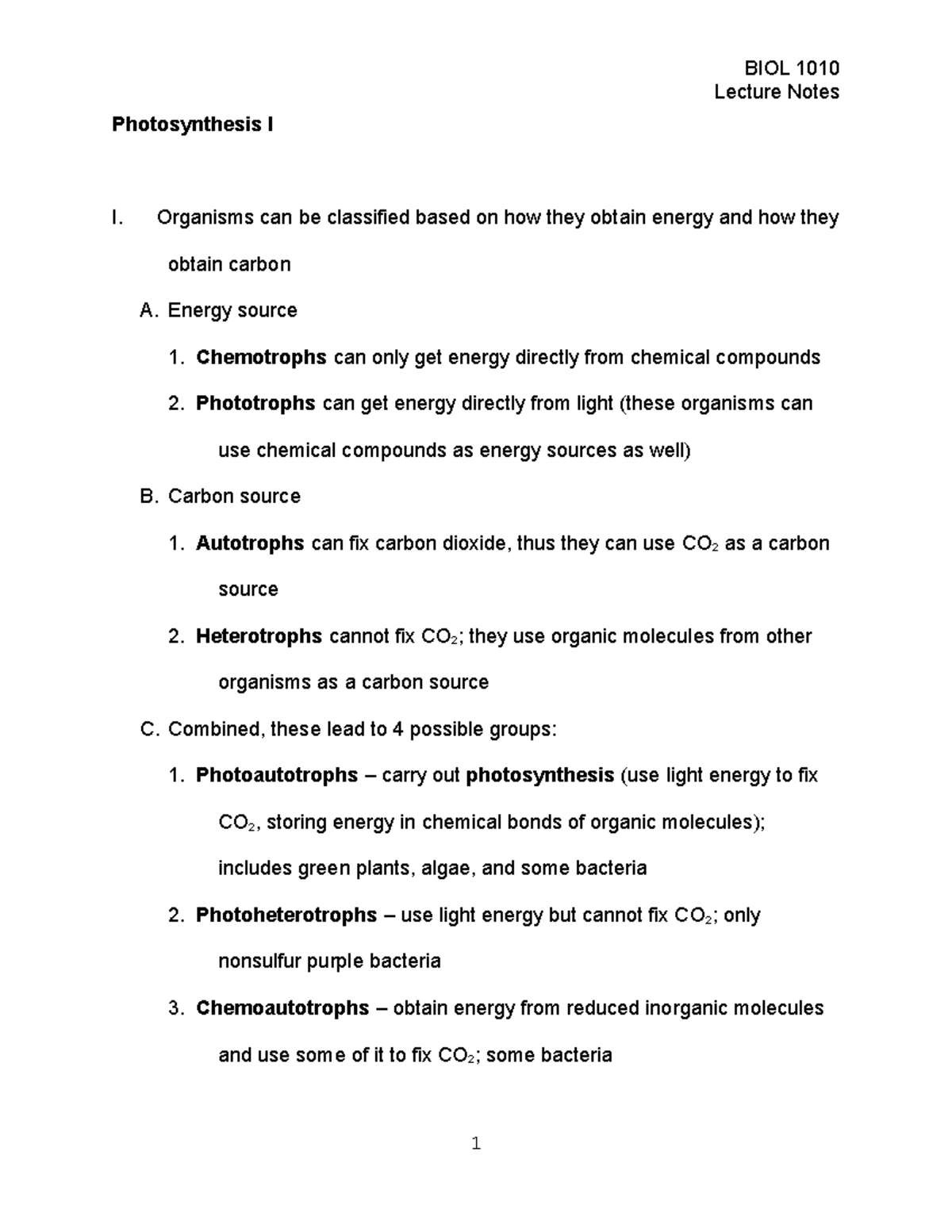 2021 BIOL 1010 Biology Lecture Notes Photosynthesis 12A - Lecture Notes ...