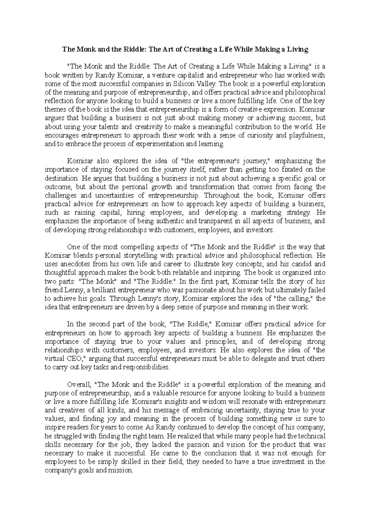 Summary Of The Book Title The Monk and the Riddle The Art of Creating a