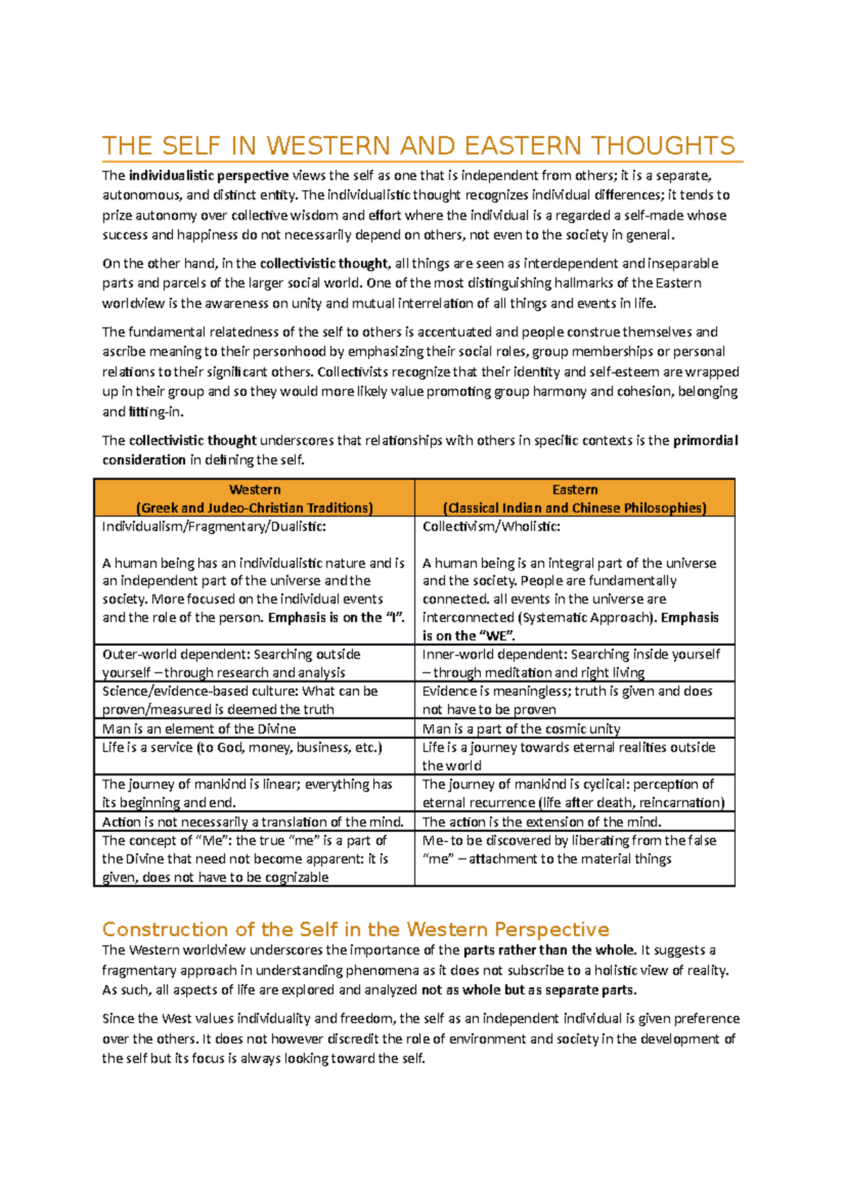 THE SELF IN Western AND Eastern Thoughts - THE SELF IN WESTERN AND ...
