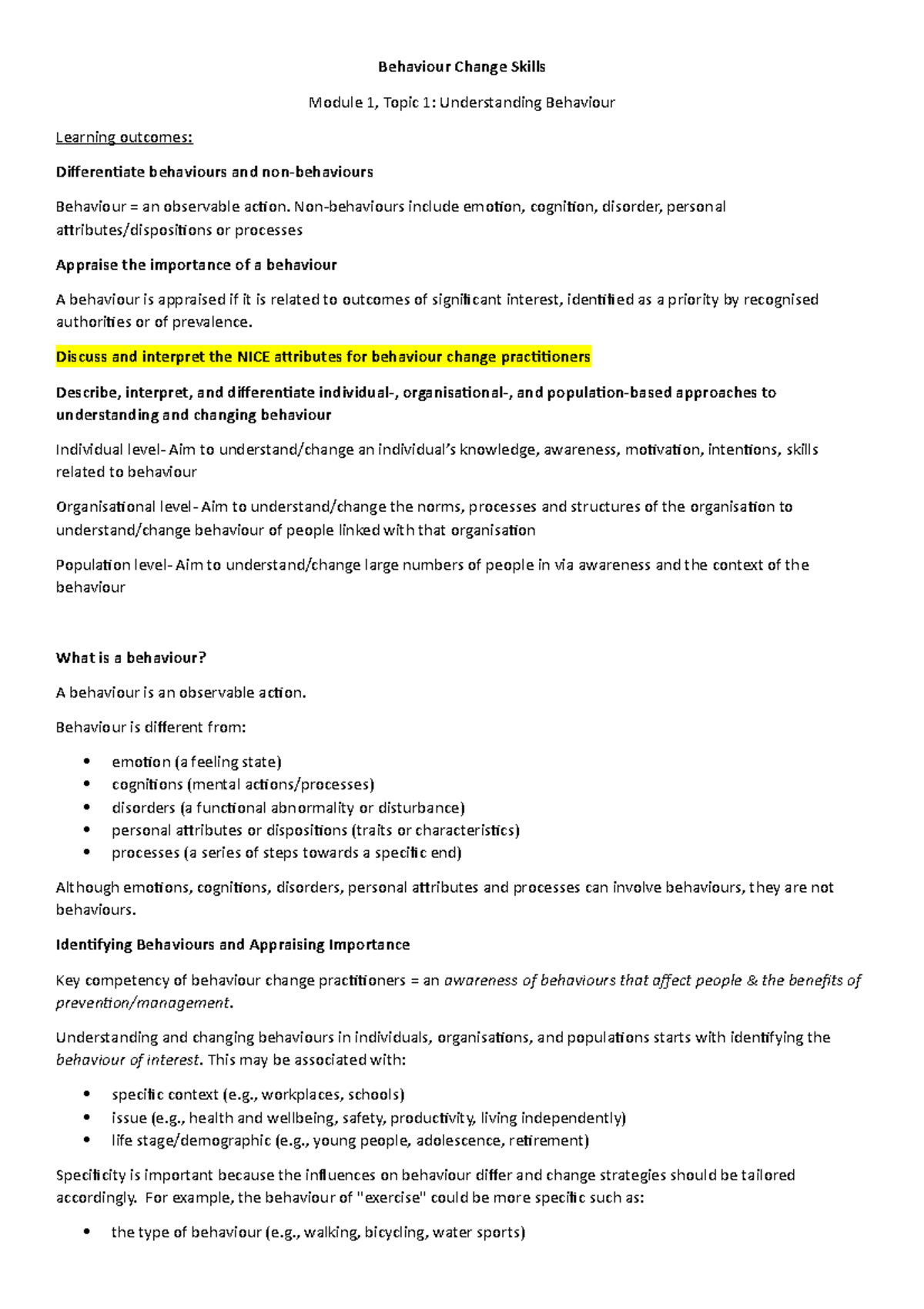 Notes for mid tri exam - Behaviour Change Skills Module 1, Topic 1 ...