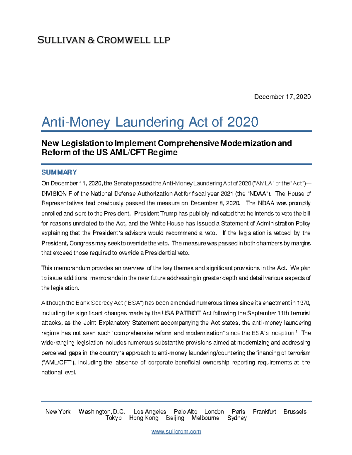 Sc Publication Anti Money Laundering Act 2020 New York Washington Los Angeles Palo Alto London Paris Frankfurt Brussels Tokyo Hong Kong Beijing Melbourne Sydney Studocu