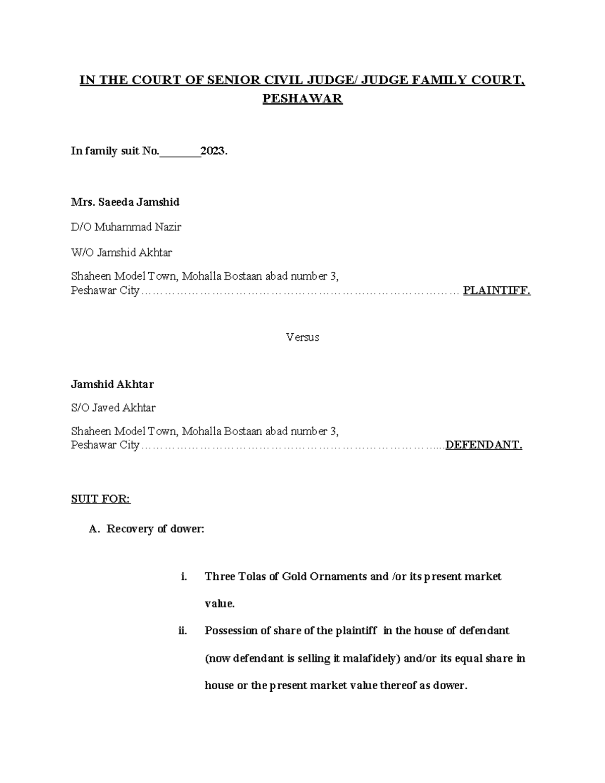 Plaint o1 - IN THE COURT OF SENIOR CIVIL JUDGE/ JUDGE FAMILY COURT ...