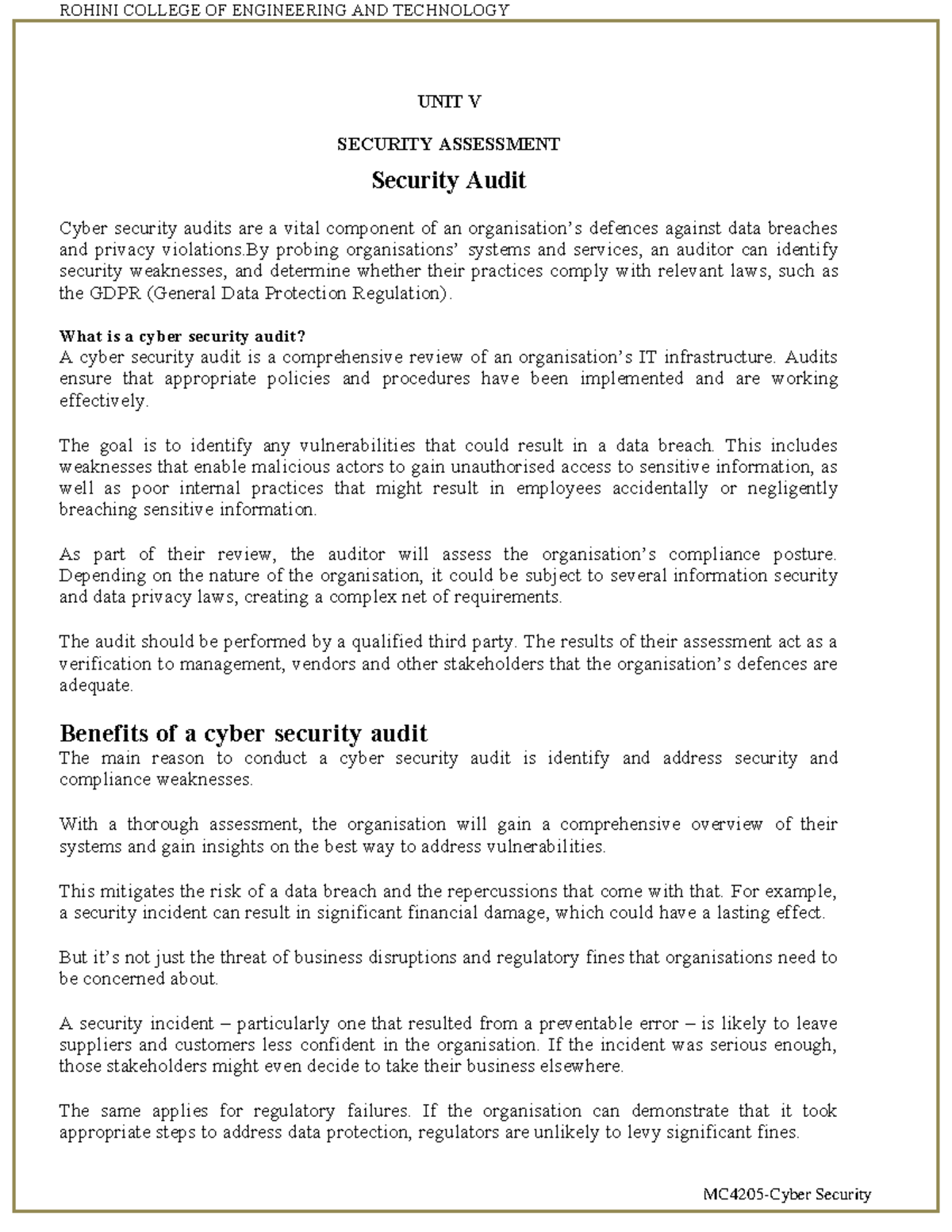 Security Audit-Security Performance - UNIT V SECURITY ASSESSMENT ...