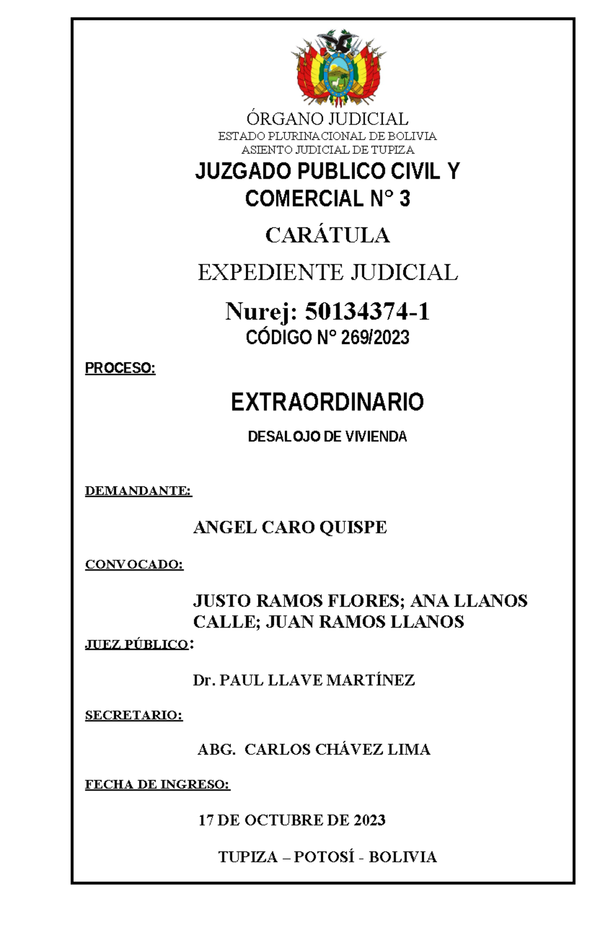 Caratula civil - copia - ÓRGANO JUDICIAL ESTADO PLURINACIONAL DE ...