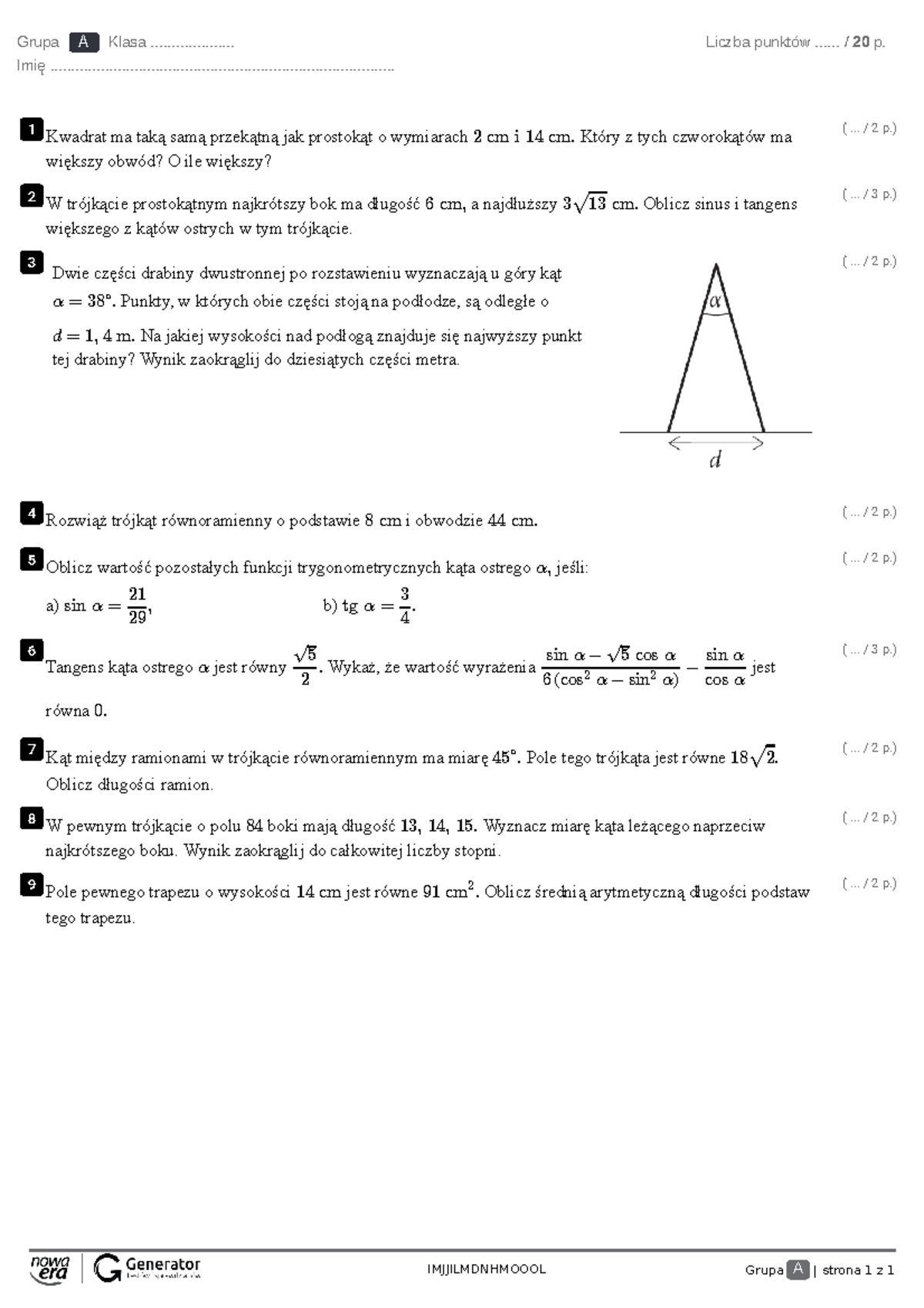 4. Trygonometria – Klasówka (poziom łatwiejszy) Test (z Widoczną ...