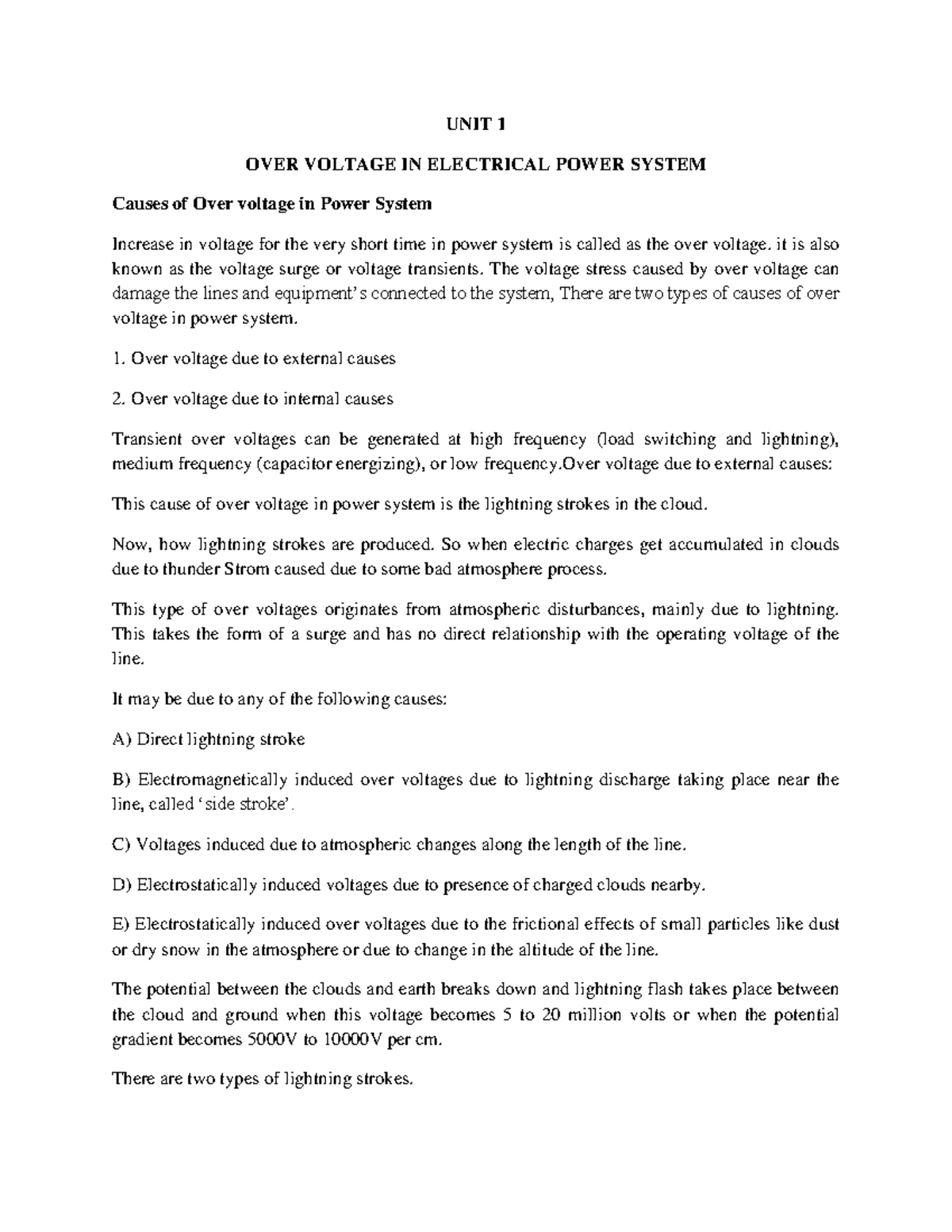 BEE013 HVE Notes UNIT 1 OVER VOLTAGE IN ELECTRICAL POWER SYSTEM